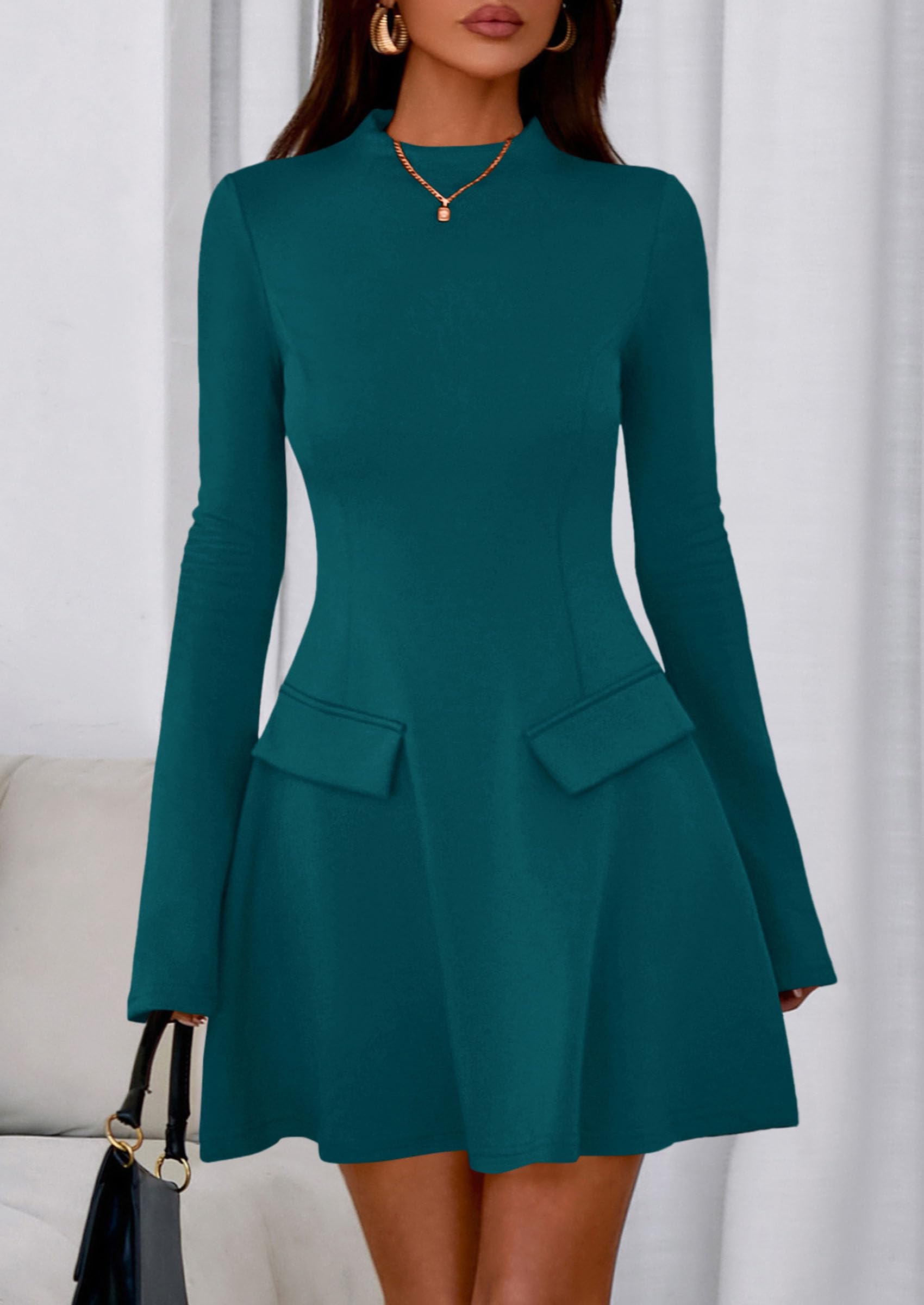 Women's Fall Bell Sleeve Short Dress,Blue Green,XS