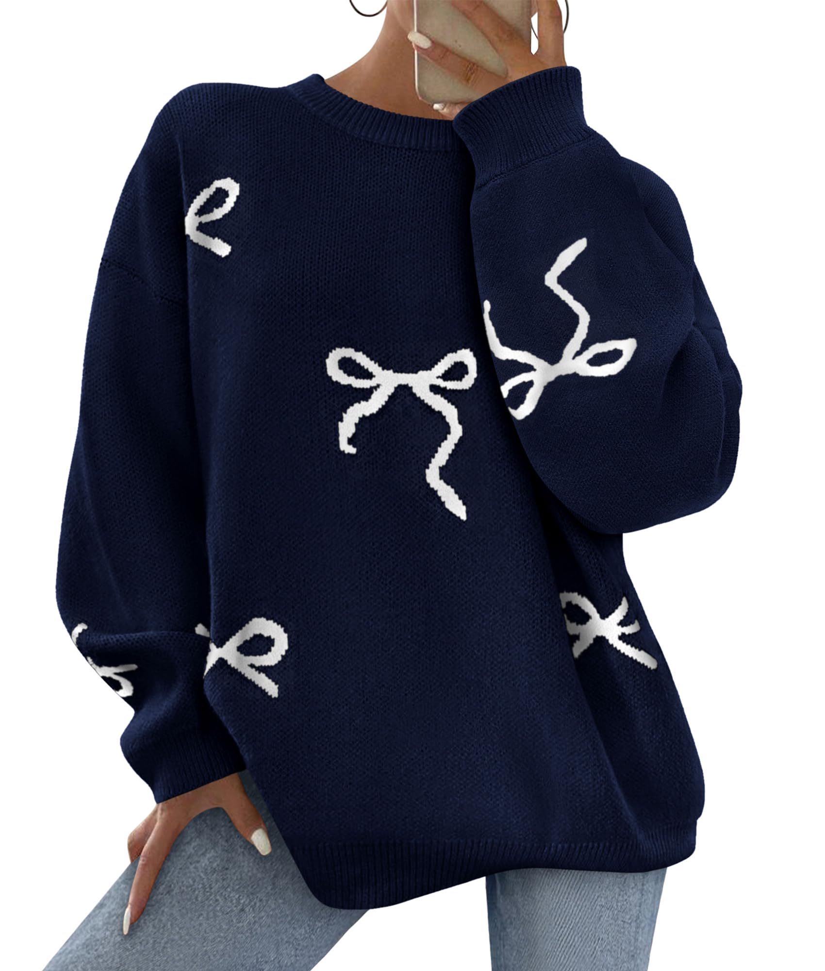 Fall Long Sleeve Pullover Sweaters for Women 2026 Trendy Crewneck Casual Cute Bow Chunky Knit Oversized Sweater (Navy Blue,Small)