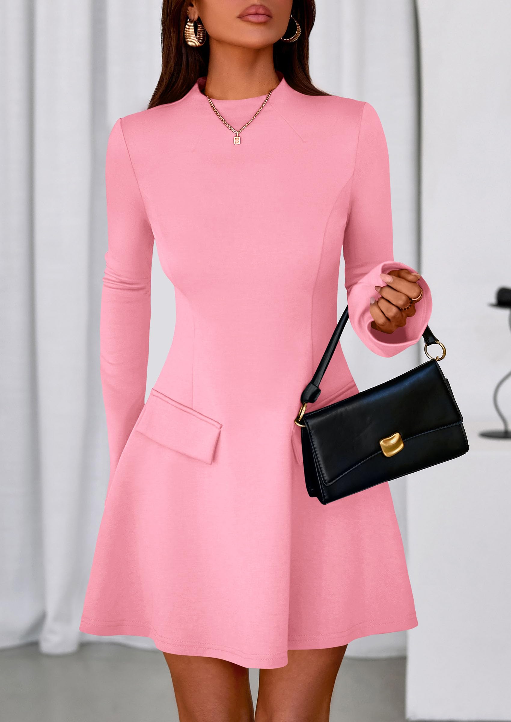 Women's Fall Bell Sleeve Short Dress,Pink,XS