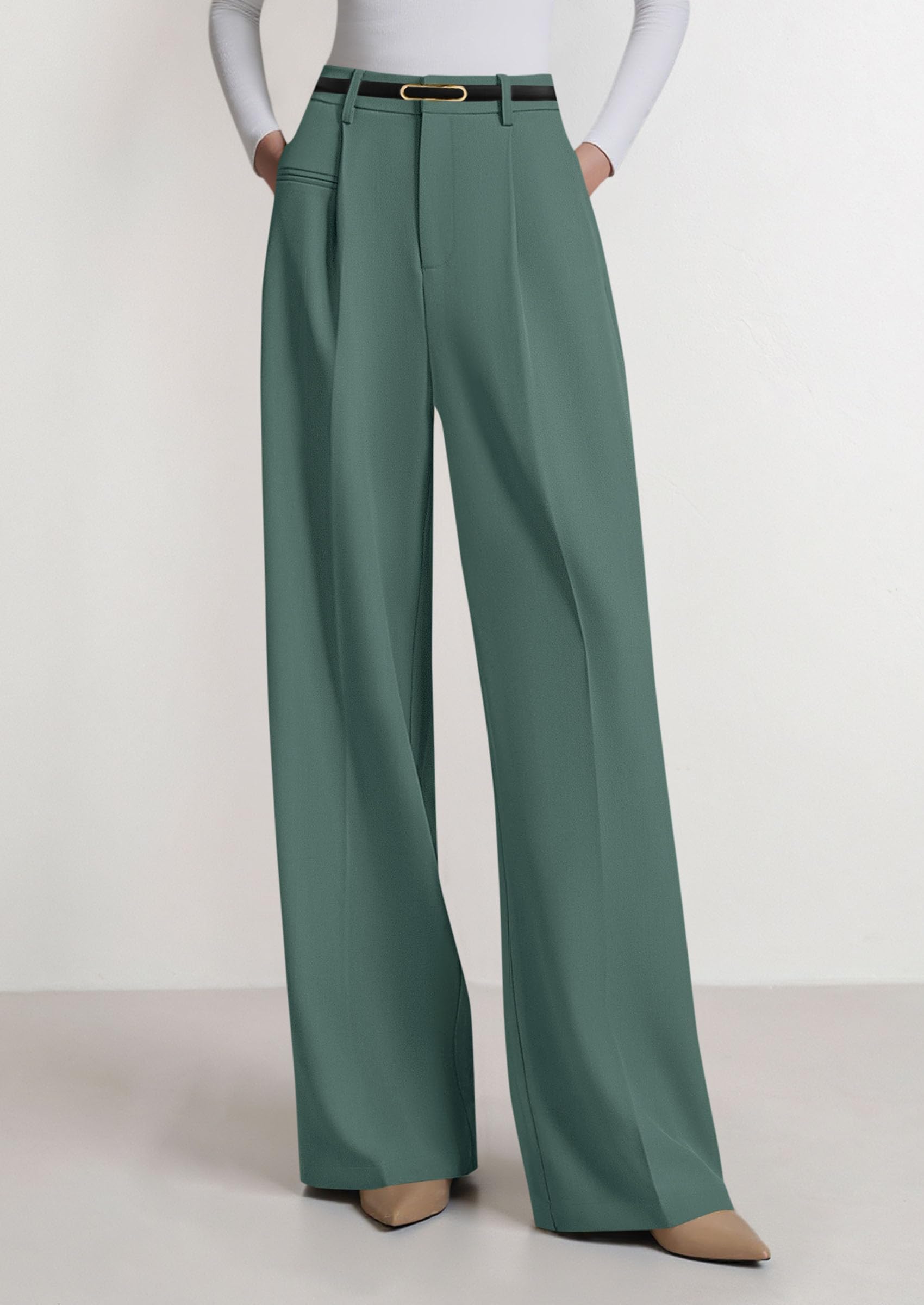 Women's Tailored Wide Leg Work Dress Pants,Grey Green,XS