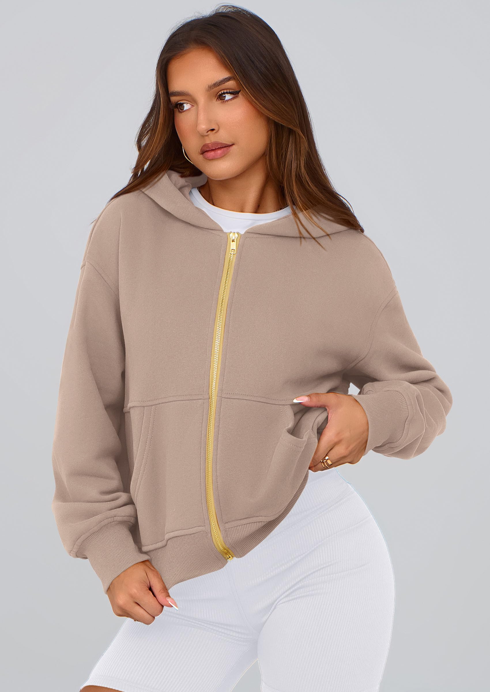 Hoodies for Women Fall Fashion Zip Up Fleece Plain Sweatshirt
