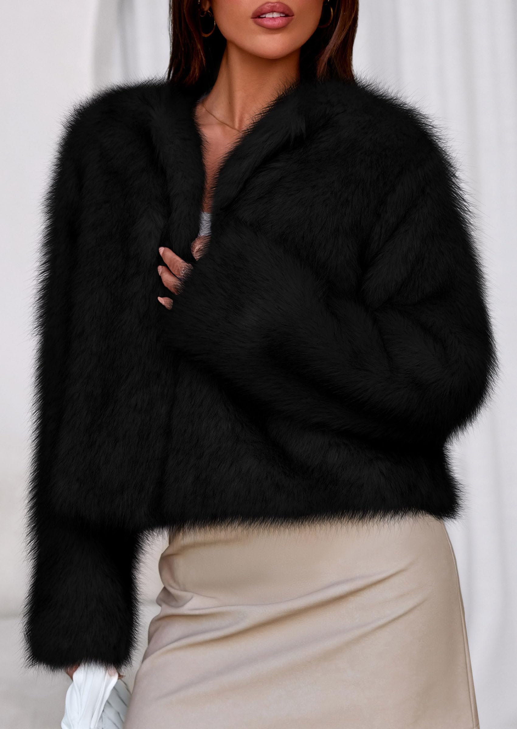 Womens Winter Coats Open Front Faux Fur Jacket,Black,XXL
