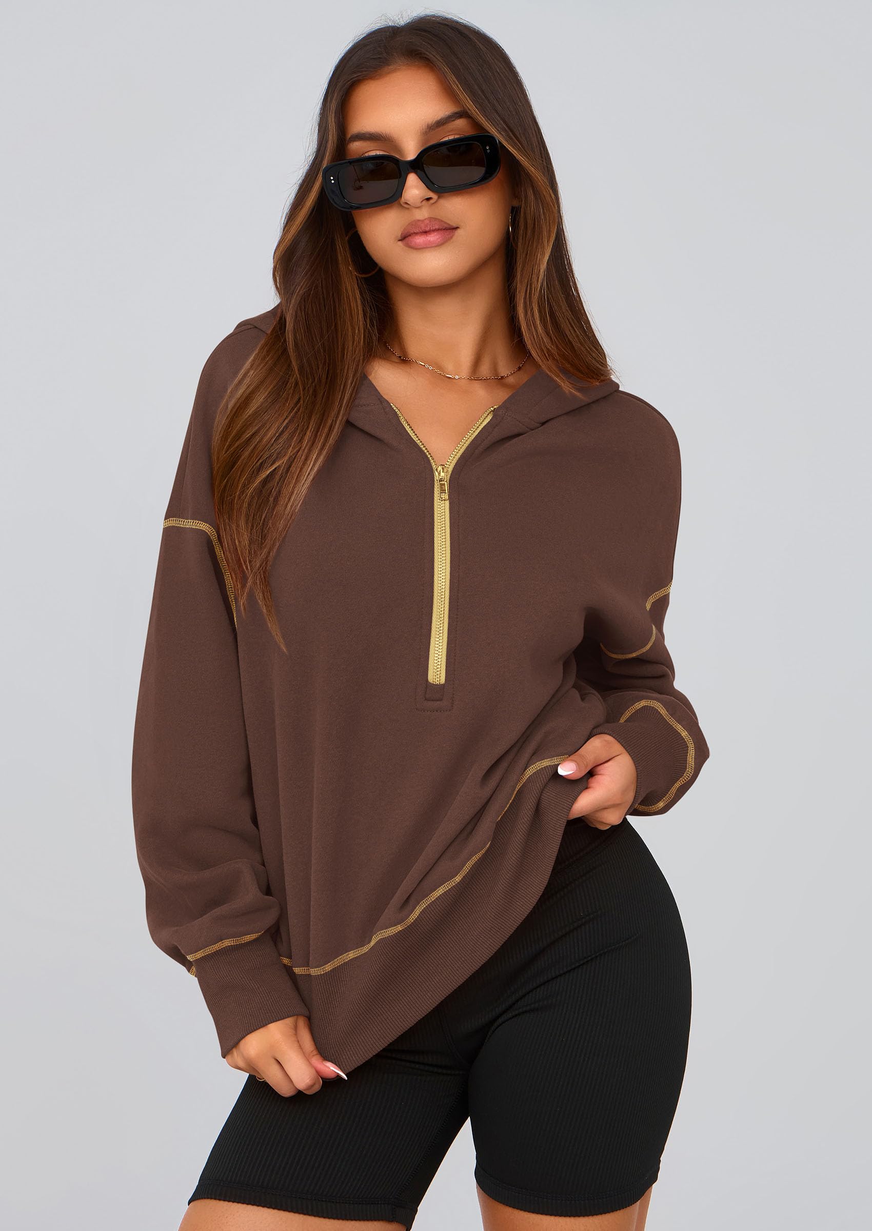 Women's Fall Half Zip Cropped Hoodie Sweatshirt Brown Coffee