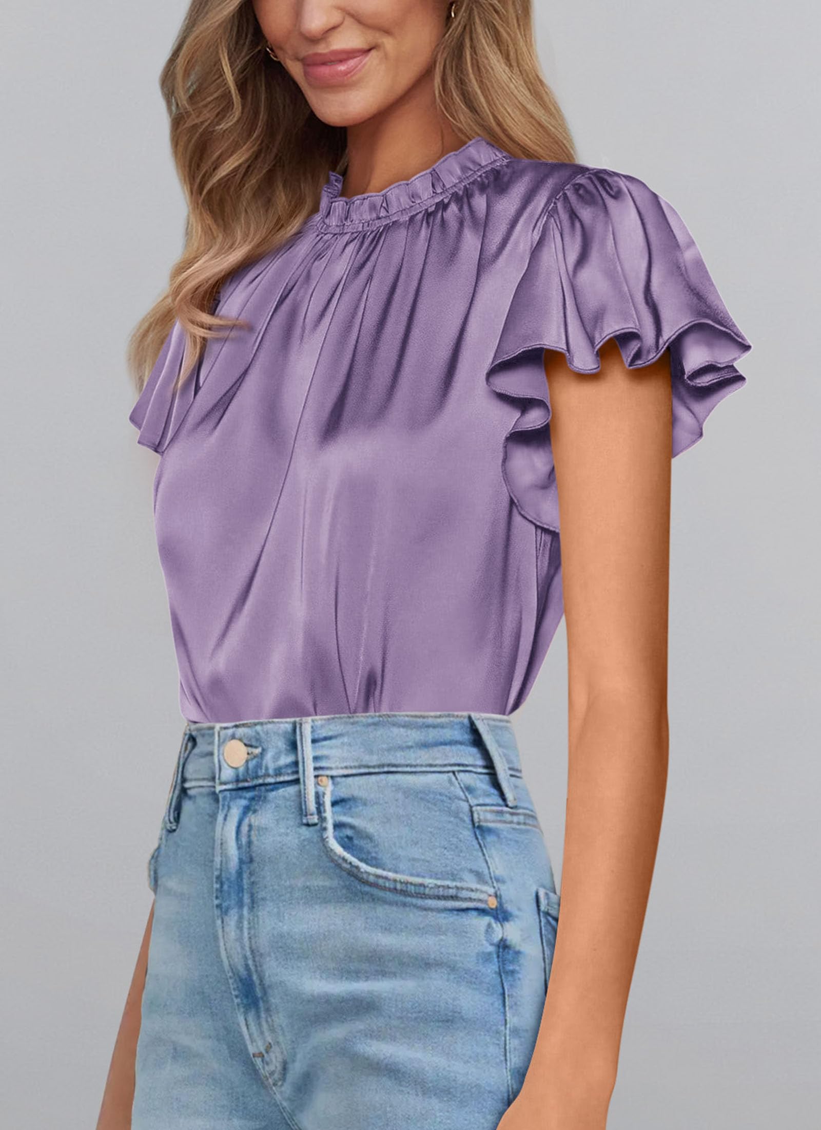 Women's Satin Tops Business Casual Work Blouses, Purple,S