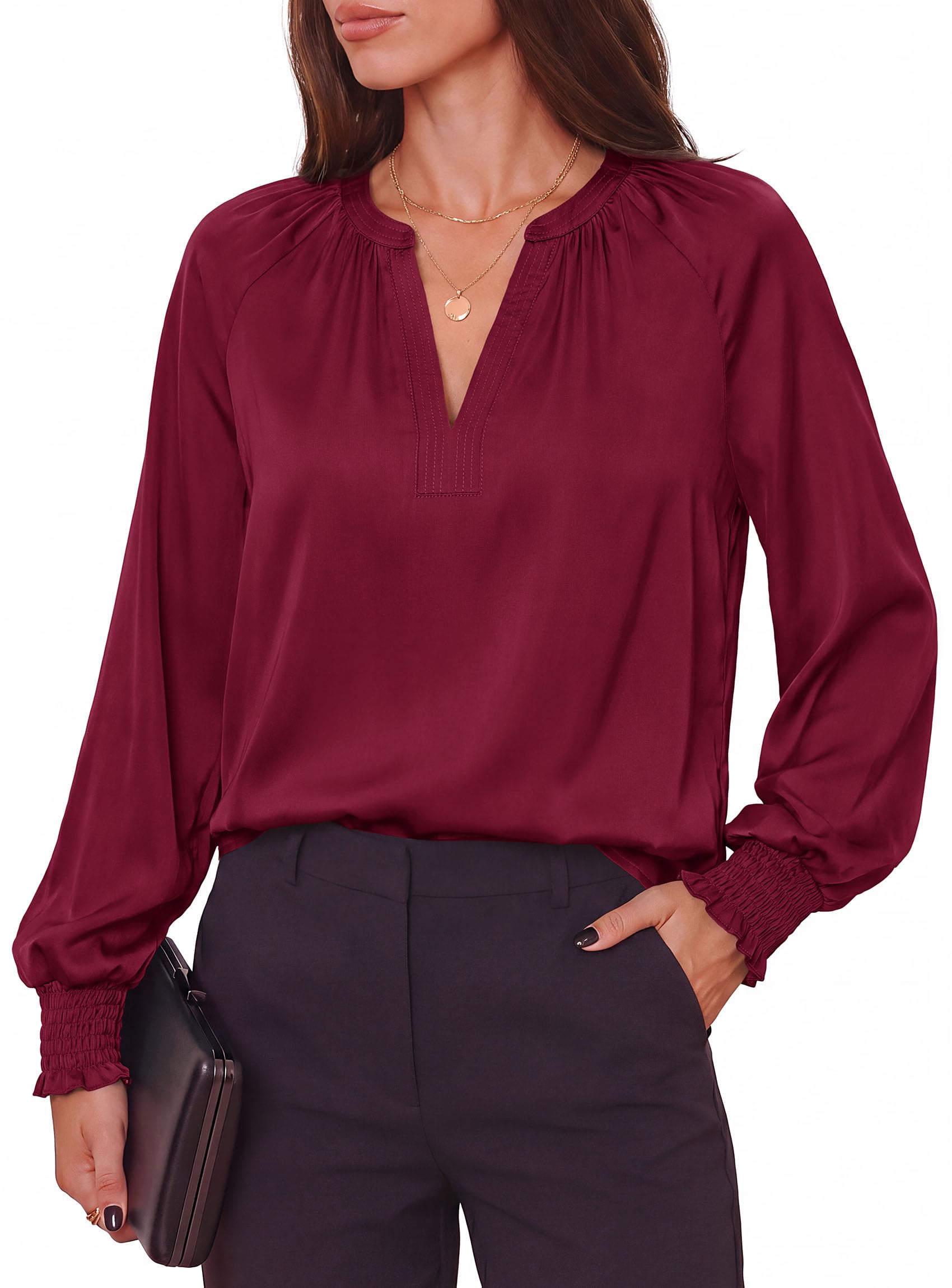 Women's Satin Blouses V Neck Long Sleeve Tops,Burgundy,S