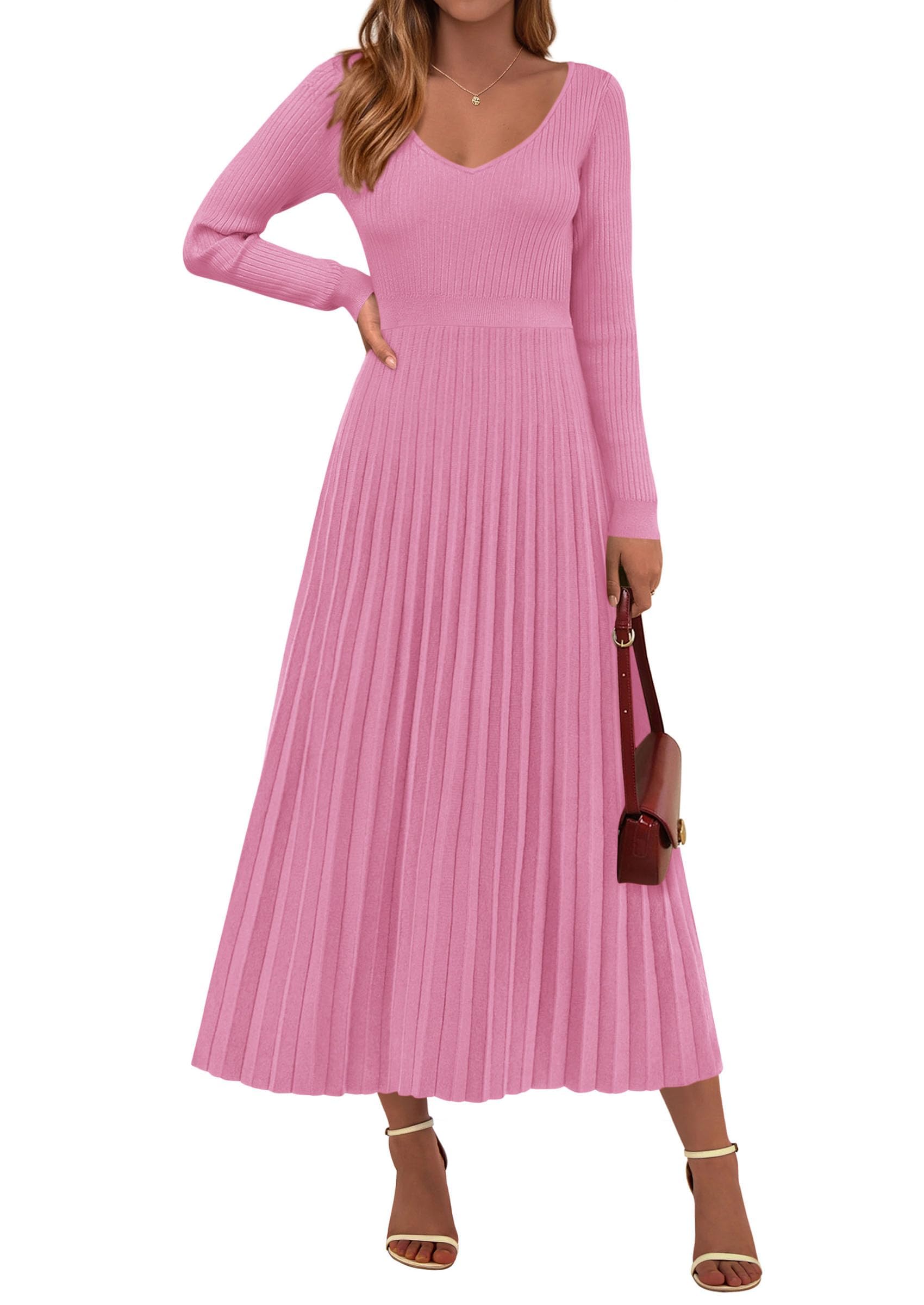 Sweater Dress Women Long Sleeve Maxi Flowy Pleated Dresses