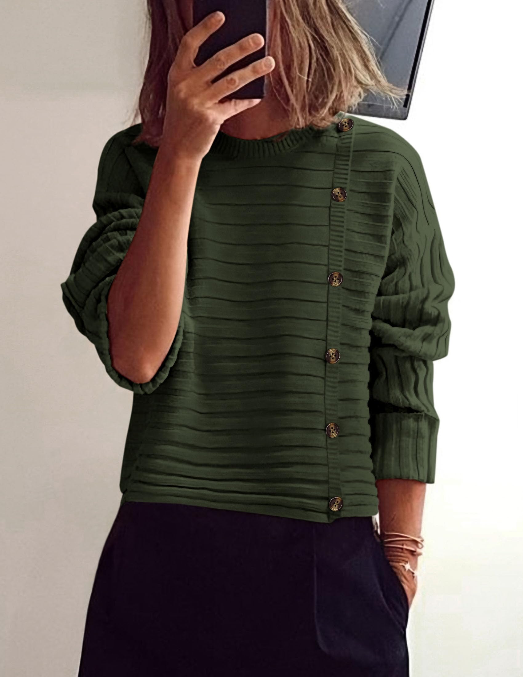Womens Asymmetric Button Long Sleeve Sweater,Army Green,S
