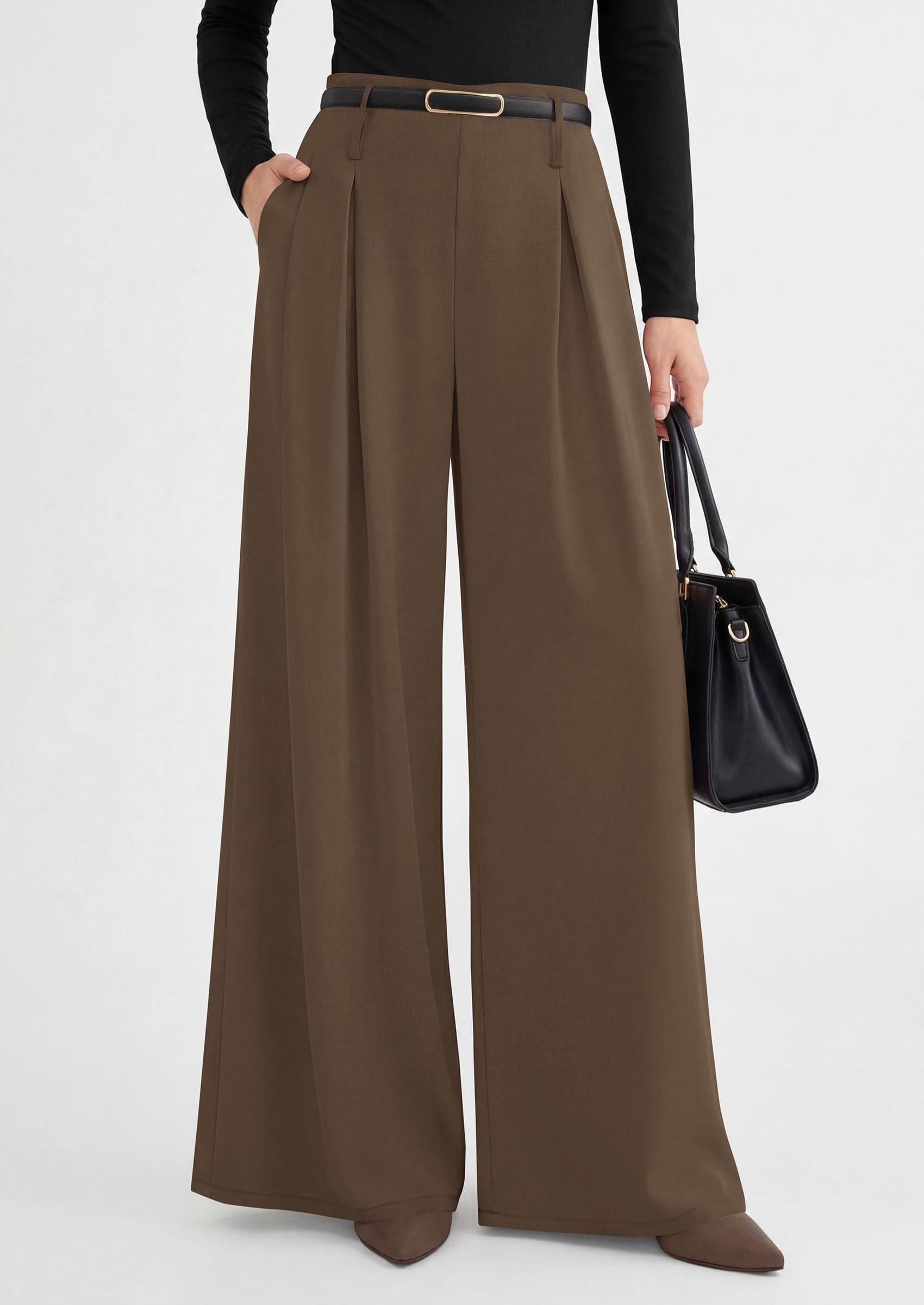 Womens Wide Leg Dress Pants Flowy Trousers,Light Brown,S