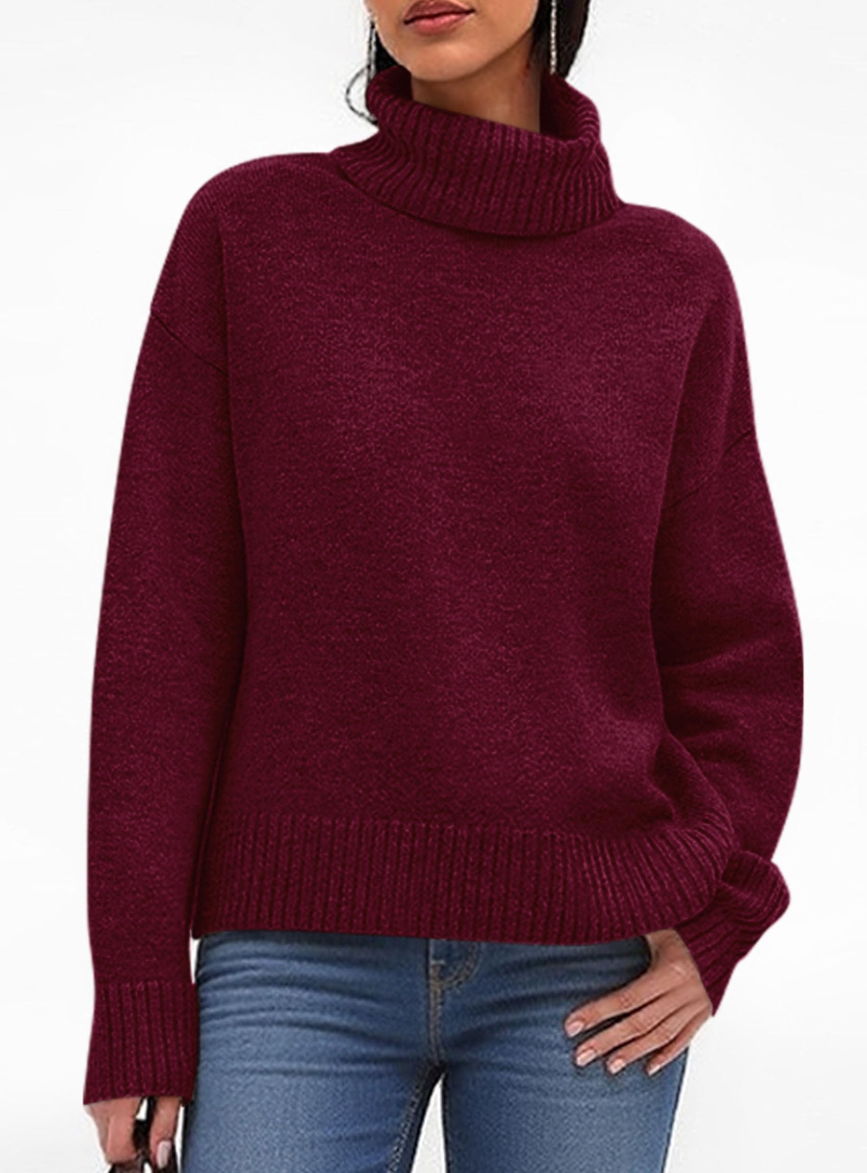 Womens Turtleneck Long Sleeve Knit Sweater,Wine Red,S