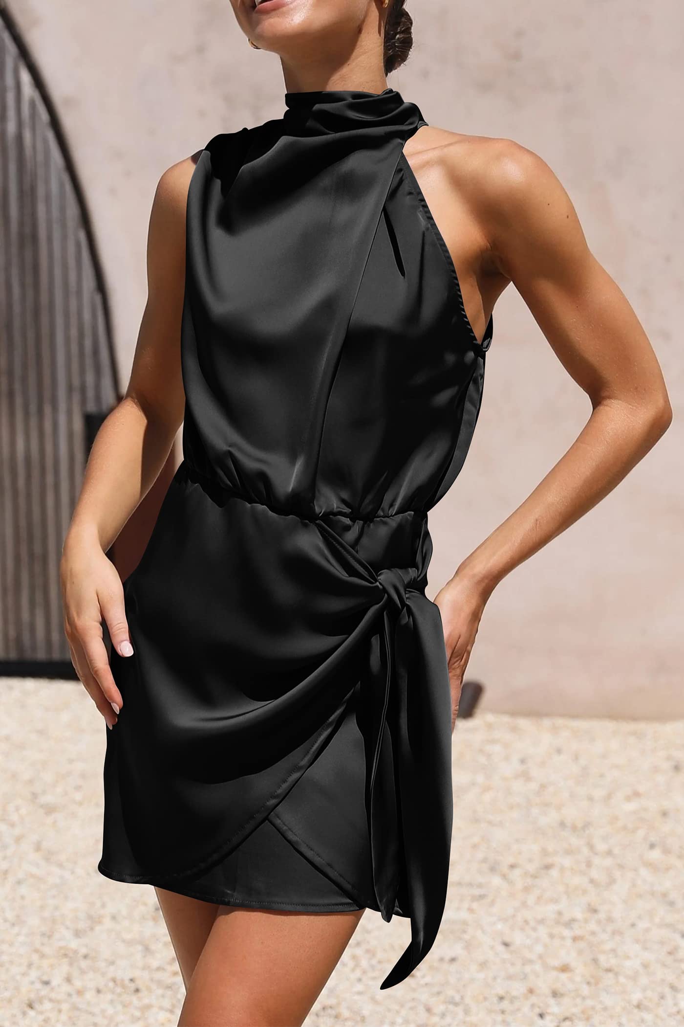 Women's Short Formal Satin Dress Summer Sleeveless Mock Neck Tie Waist Cocktail Party Dresses (Black,Small)