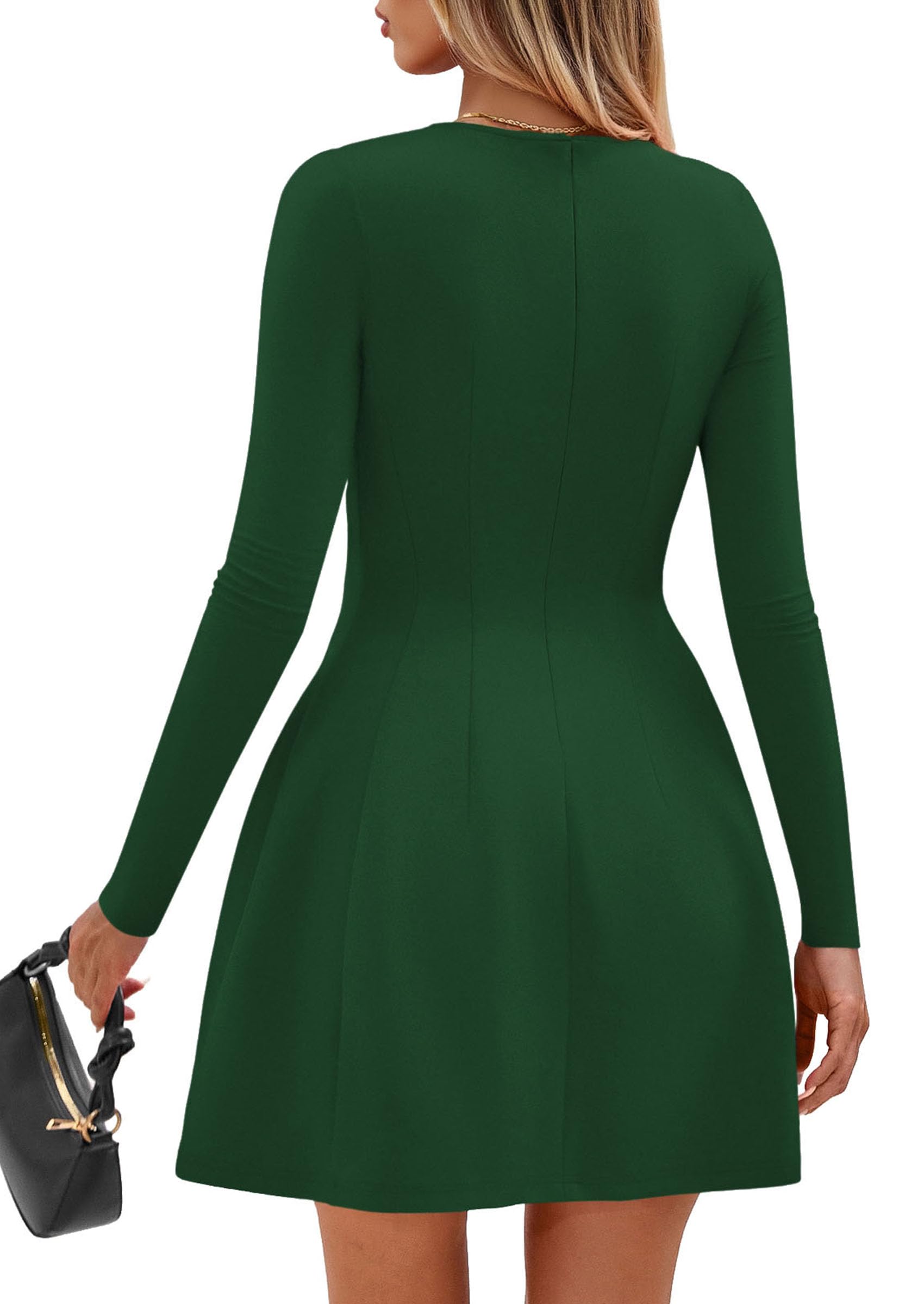 Womens Long Sleeve Pleated Mini Dress,Green,XS