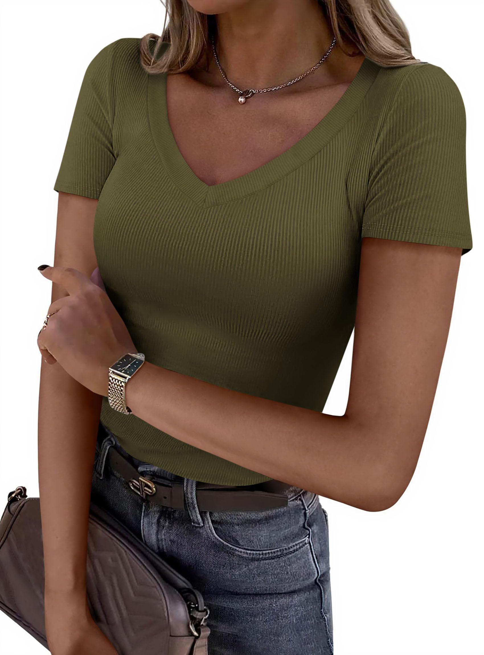 Women's Summer Trendy Tops V Neck T Shirts (Army Green,XS)