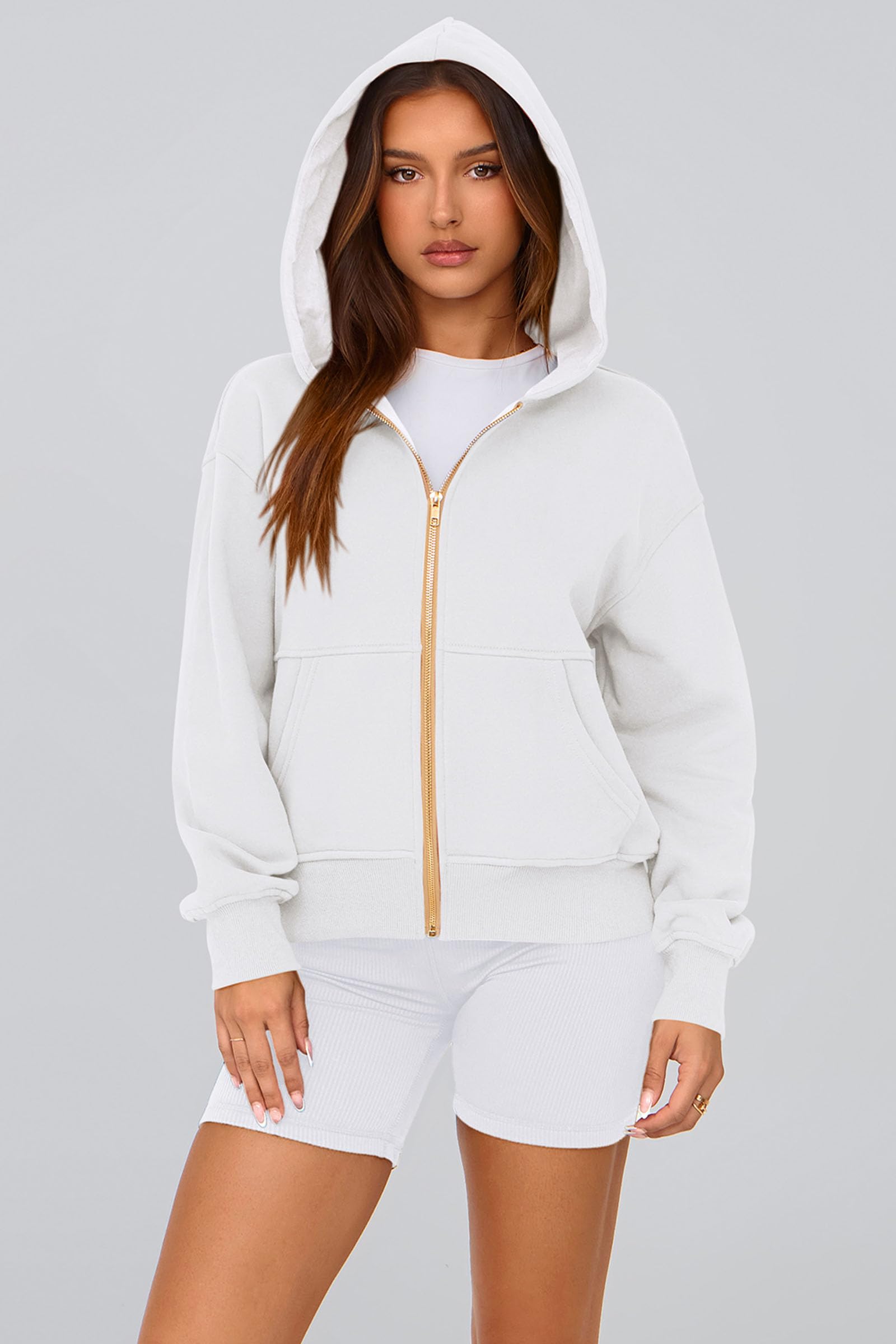 Hoodies for Women Fall Fashion Zip Up Fleece Plain Sweatshirt