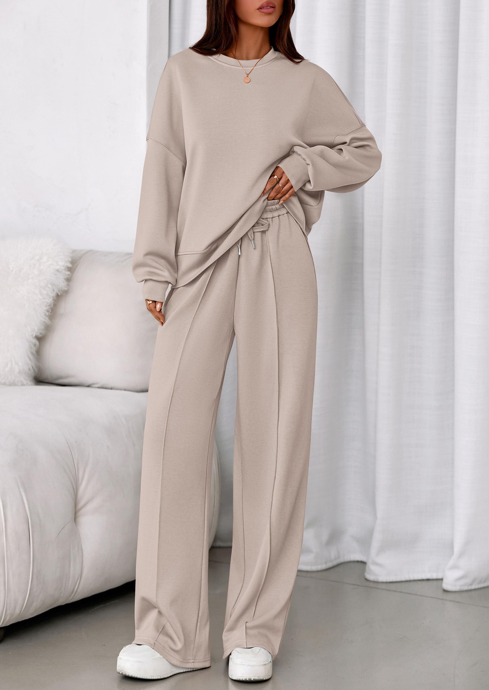 Womens Long Sleeve Sweatshirt 2 Piece Sets,Apricot,S