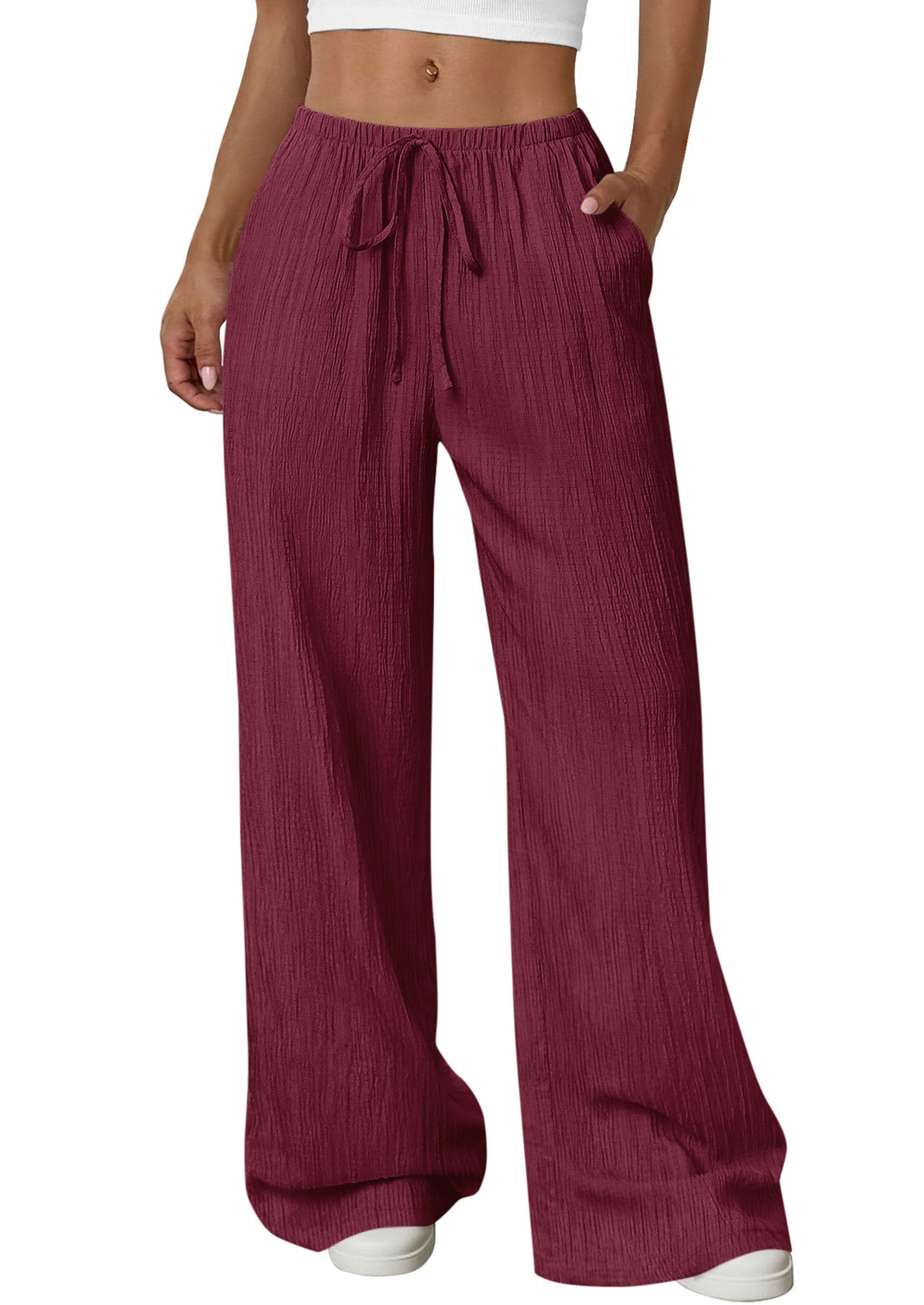Women's Palazzo Pants Casual Wide Leg Trousers,Burgundy,S