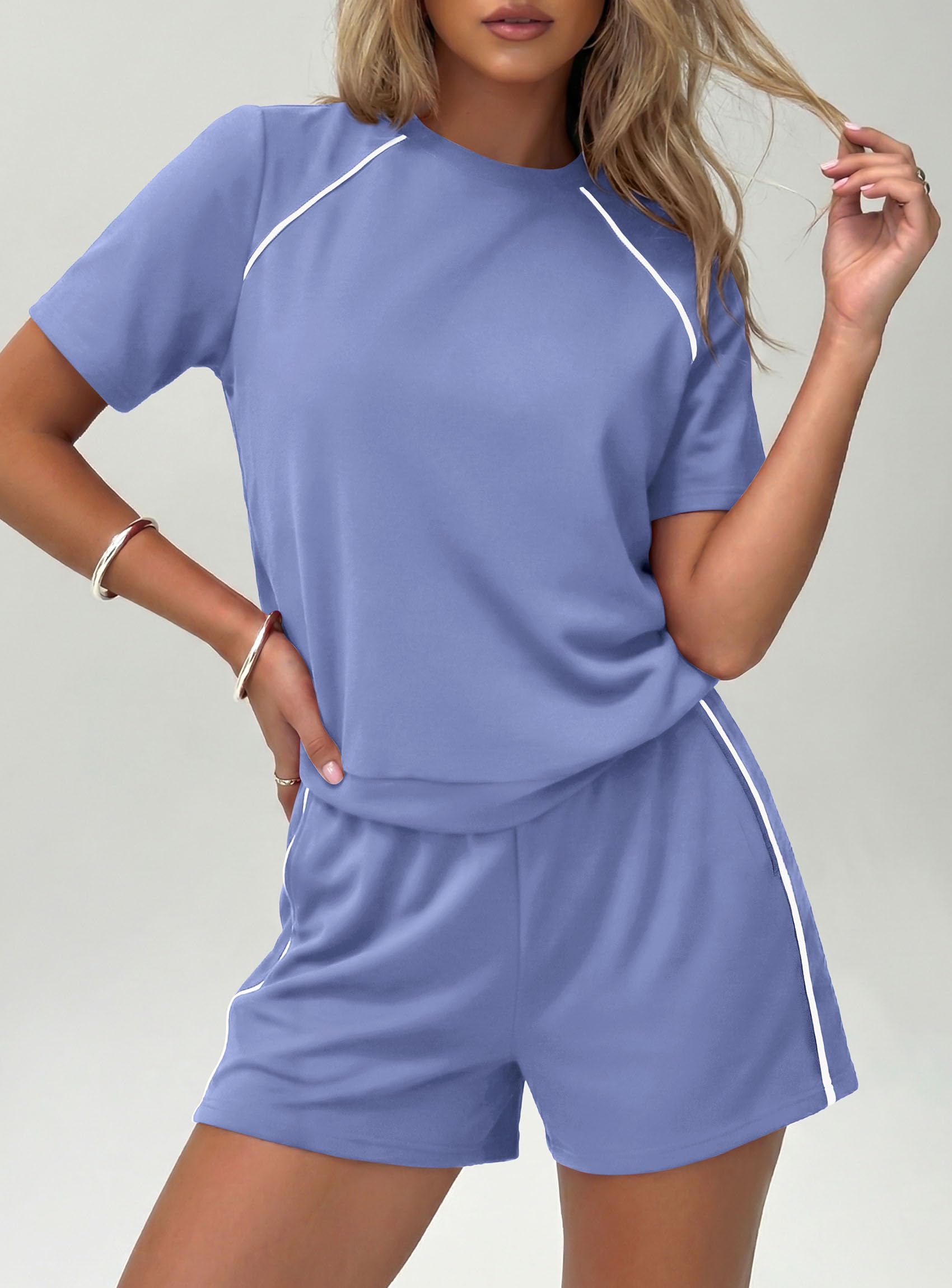Womens 2 Piece Short Sets Casual Summer Outfits, Light Blue,S