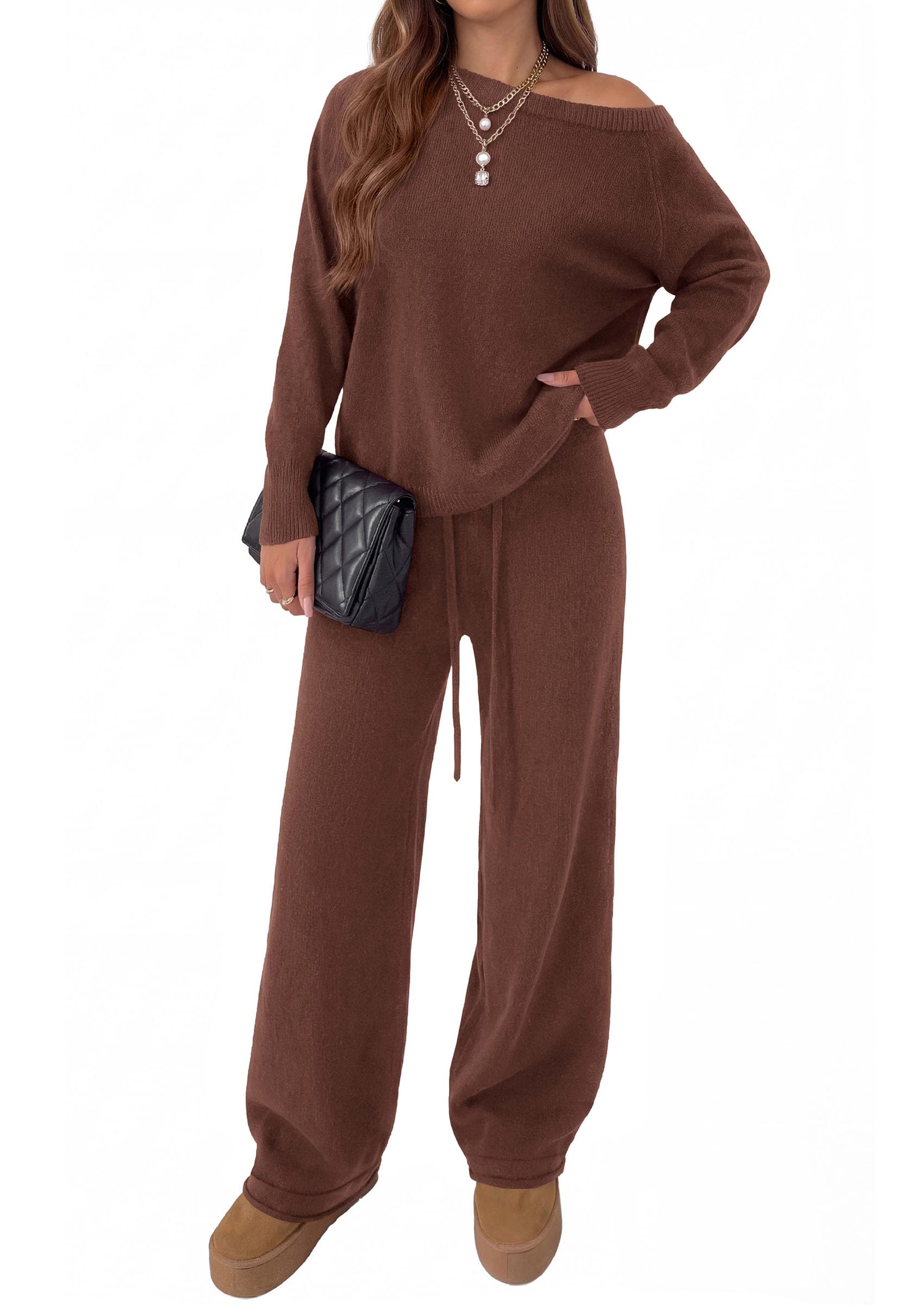 Lounge Sets Womens Sweaters Two Piece Outfits (Brown,L)