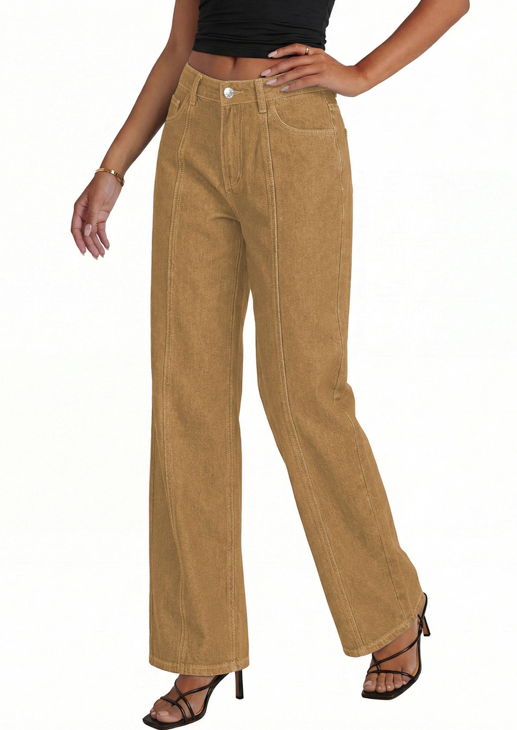 Women's Wide Leg Jeans Stretchy Baggy Denim Pants,Camel,4