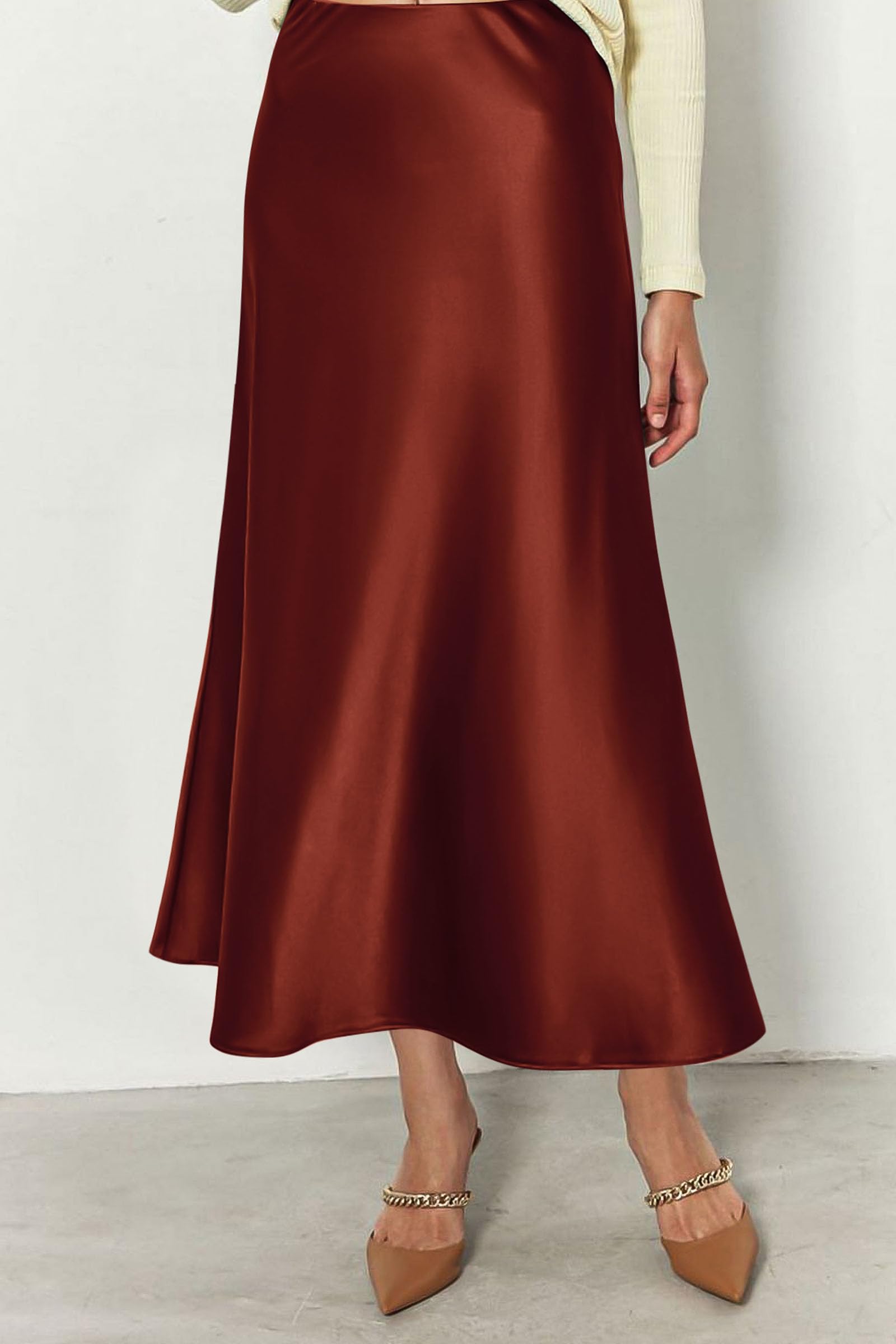 Women's Satin Skirts Dressy Casual 2025 Fall High Waisted Cocktail Wedding Flowy Elegant A Line Midi Skirt (Brown,Small)
