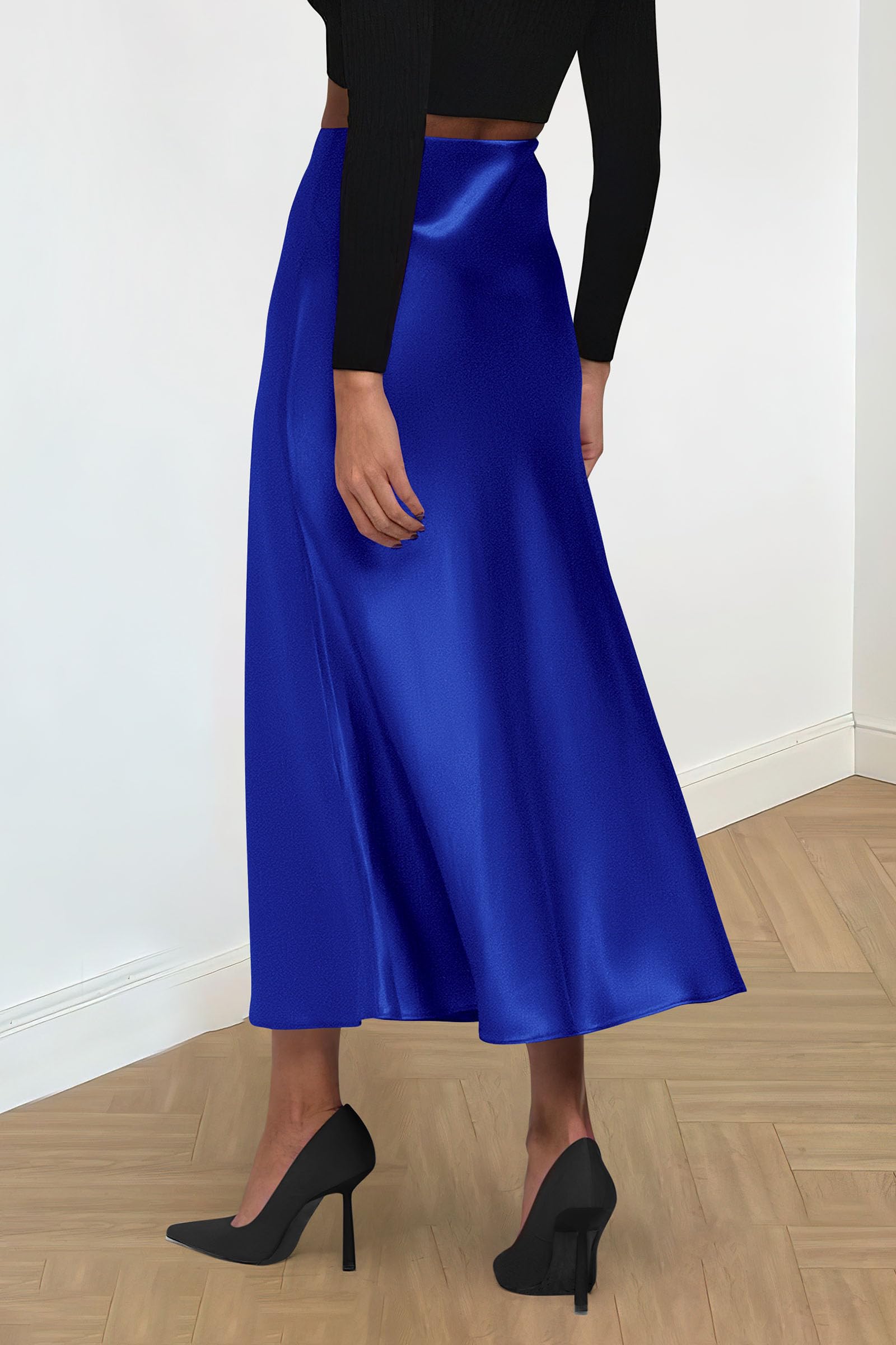 Women's Satin Midi Skirts Dressy Casual,Royal Blue,S