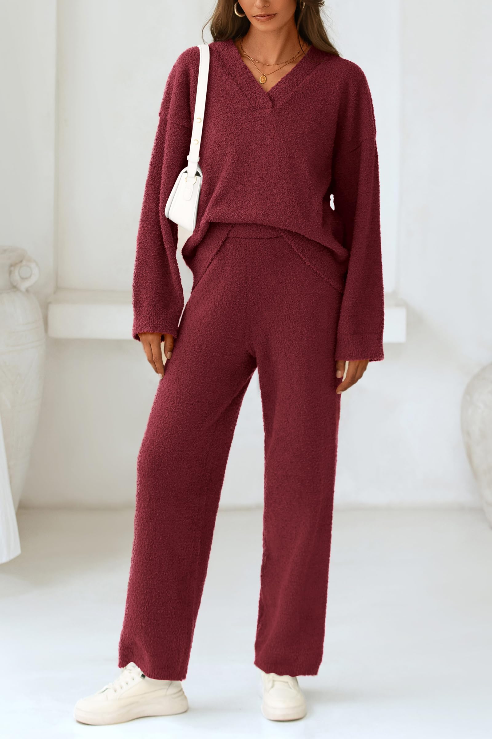 Lounge Sets for Women Fall 2 Piece Fuzzy Sweater Pajama Set