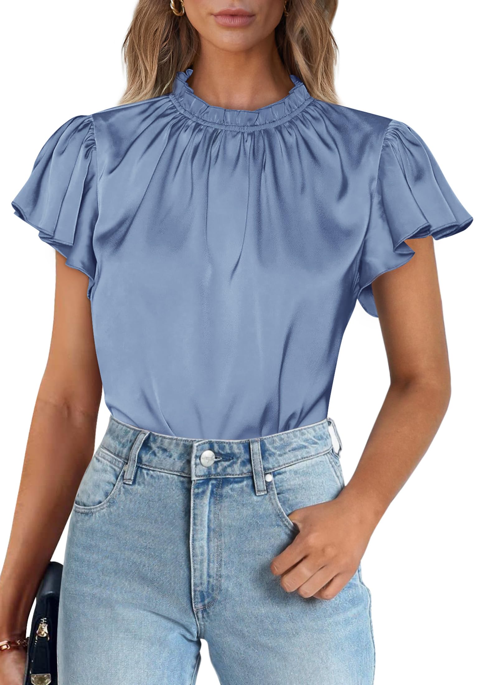 Women's Satin Tops Business Casual Work Blouses, Blue,S