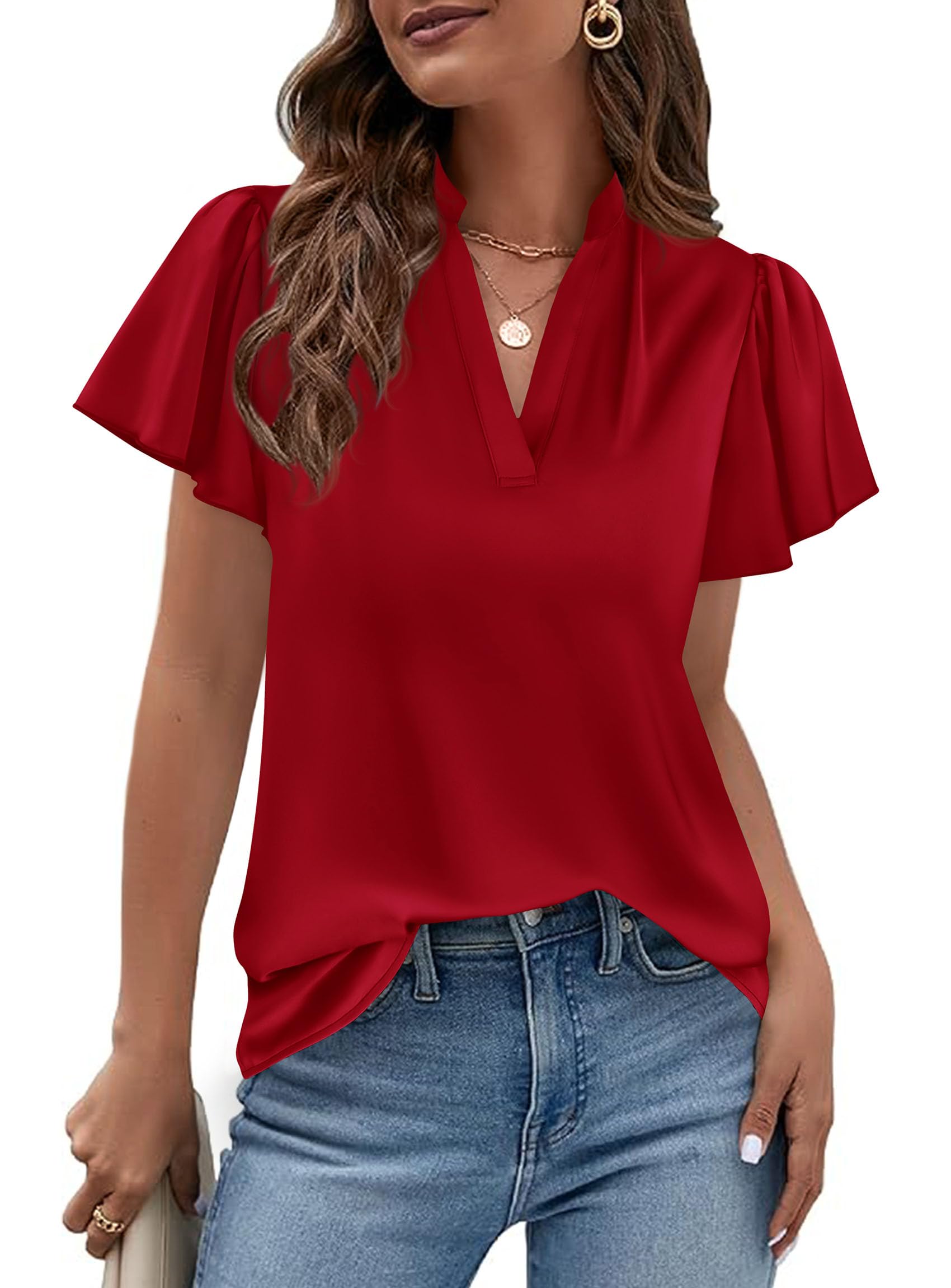 Women's Summer Satin Dressy Casual Blouses (Red,S)
