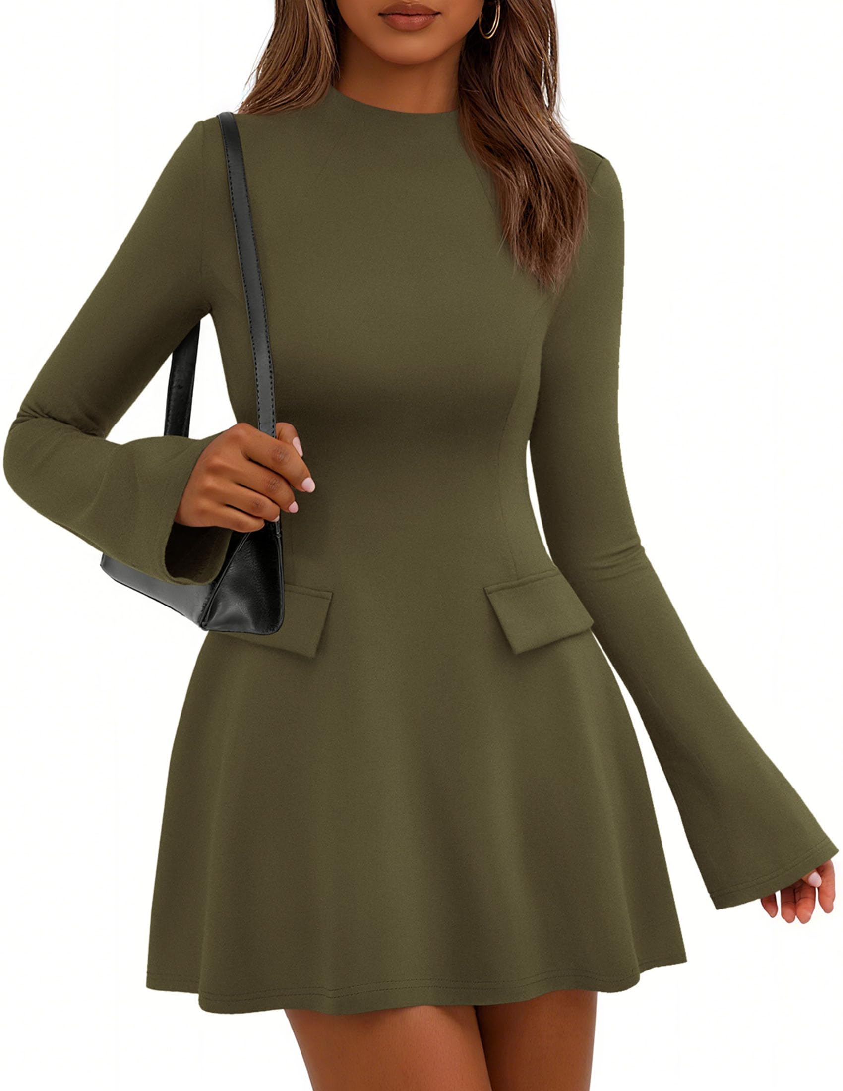 Women's Fall Bell Sleeve Short Dress,Army Green,XS