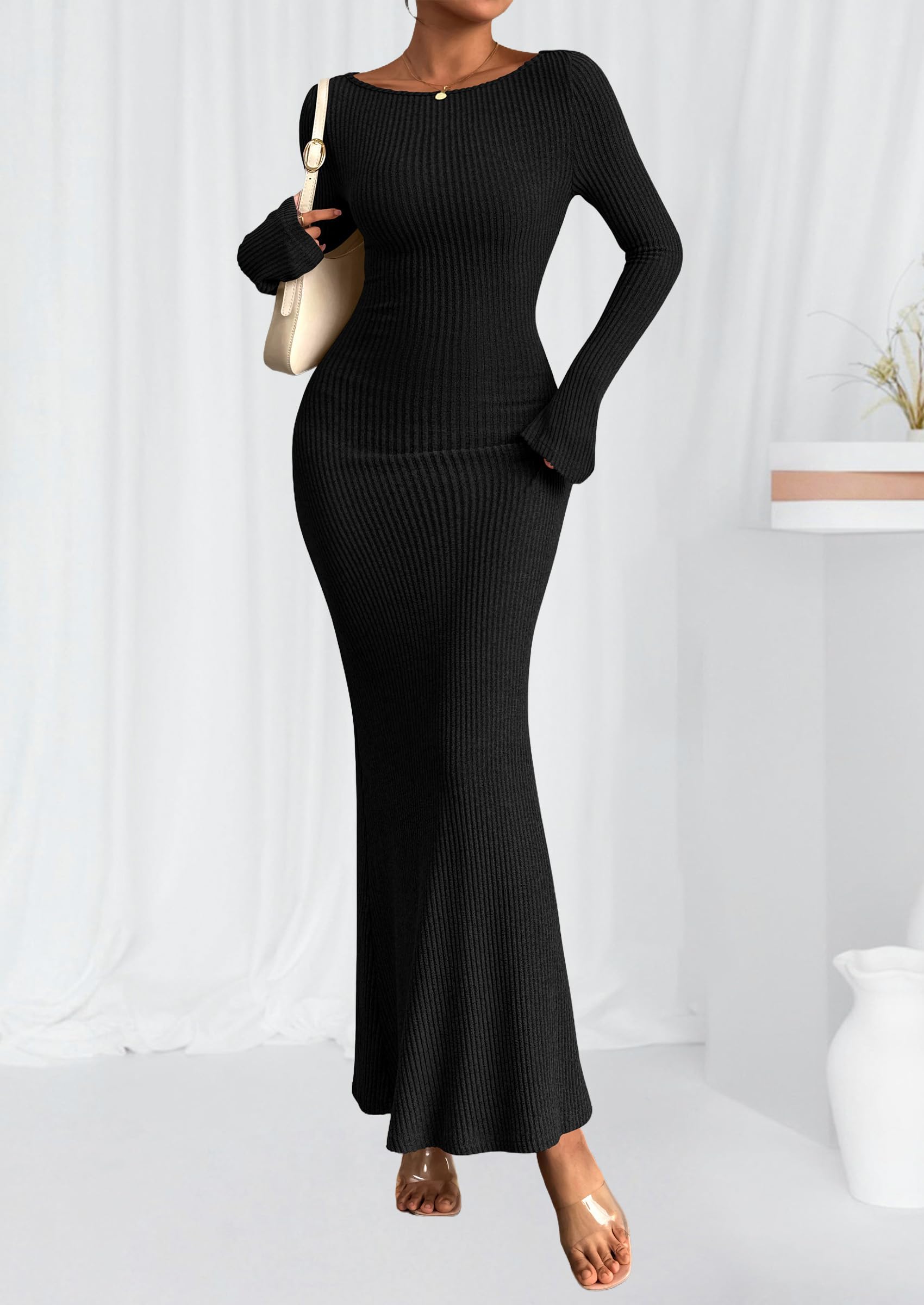 Women's Fall Long Sleeve Bodycon Maxi Dresses (Black,XS)