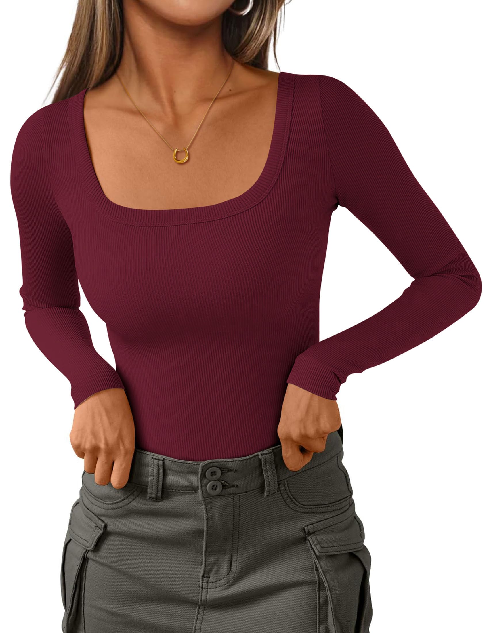 Square Neck Long Sleeve Shirts for Women Wine Red,L