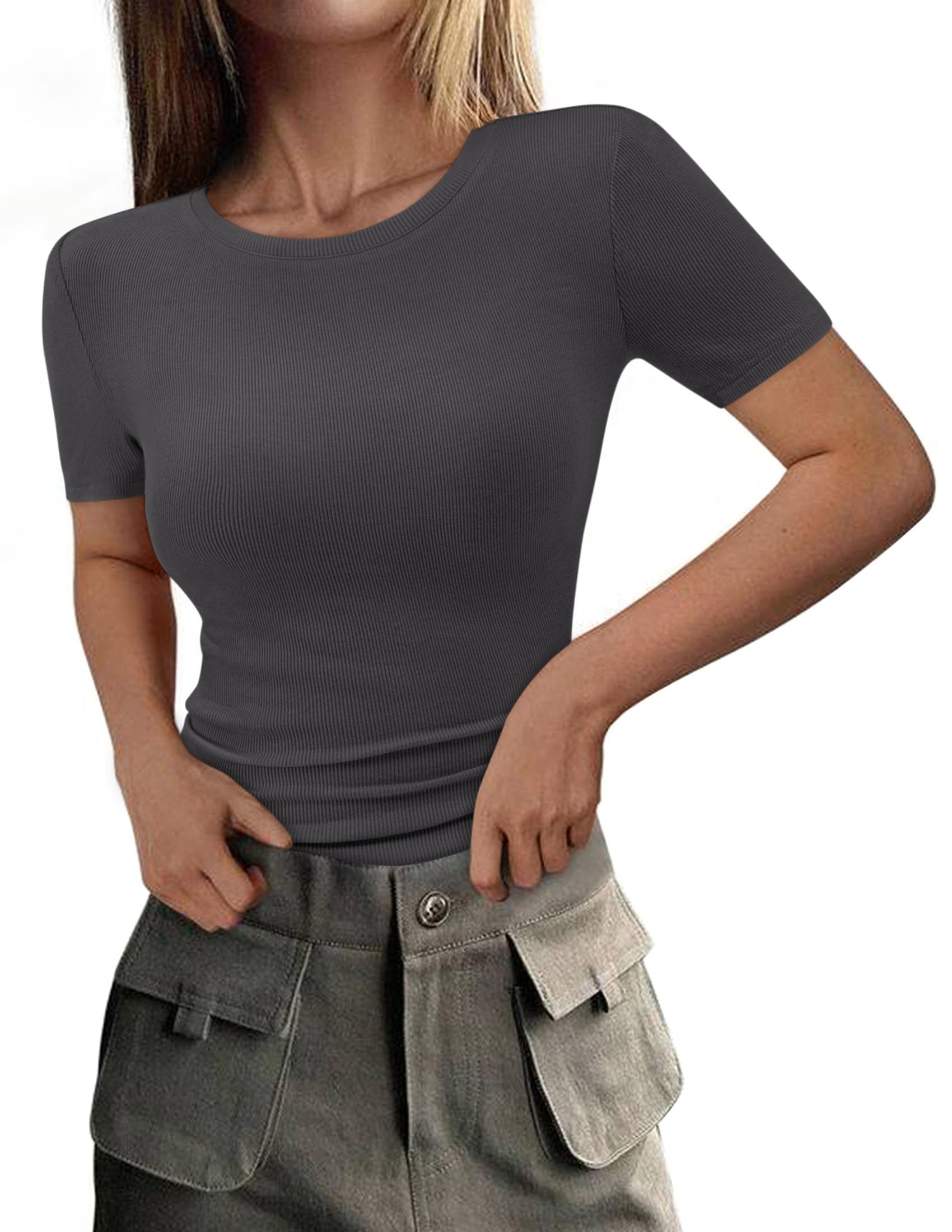 Womens Short Sleeve Slim Fit Basic Shirts,Dark Grey,XS