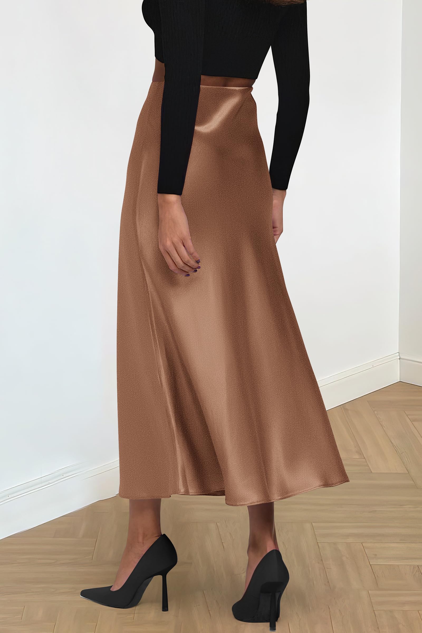 Women's Satin Midi Skirts Dressy Casual,Coffee,S