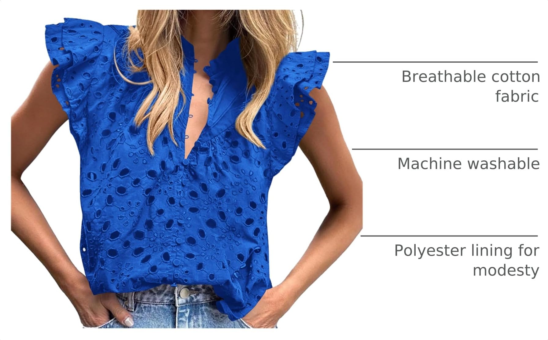 Women's Eyelet V Neck Summer Tops Dressy Casual Blue,S
