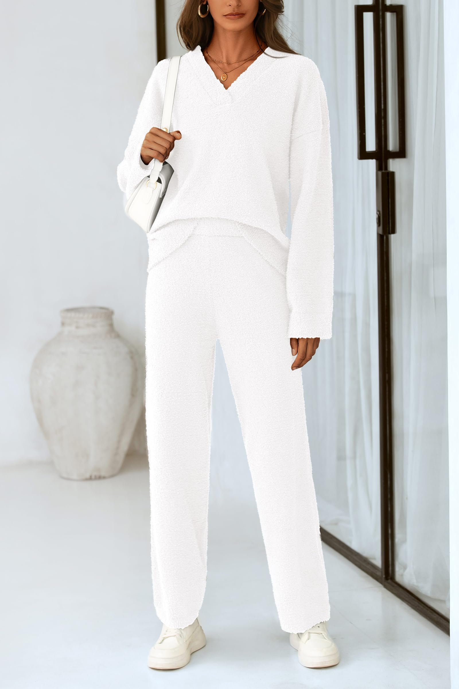 Lounge Sets for Women Fall 2 Piece Fuzzy Sweater Pajama Set