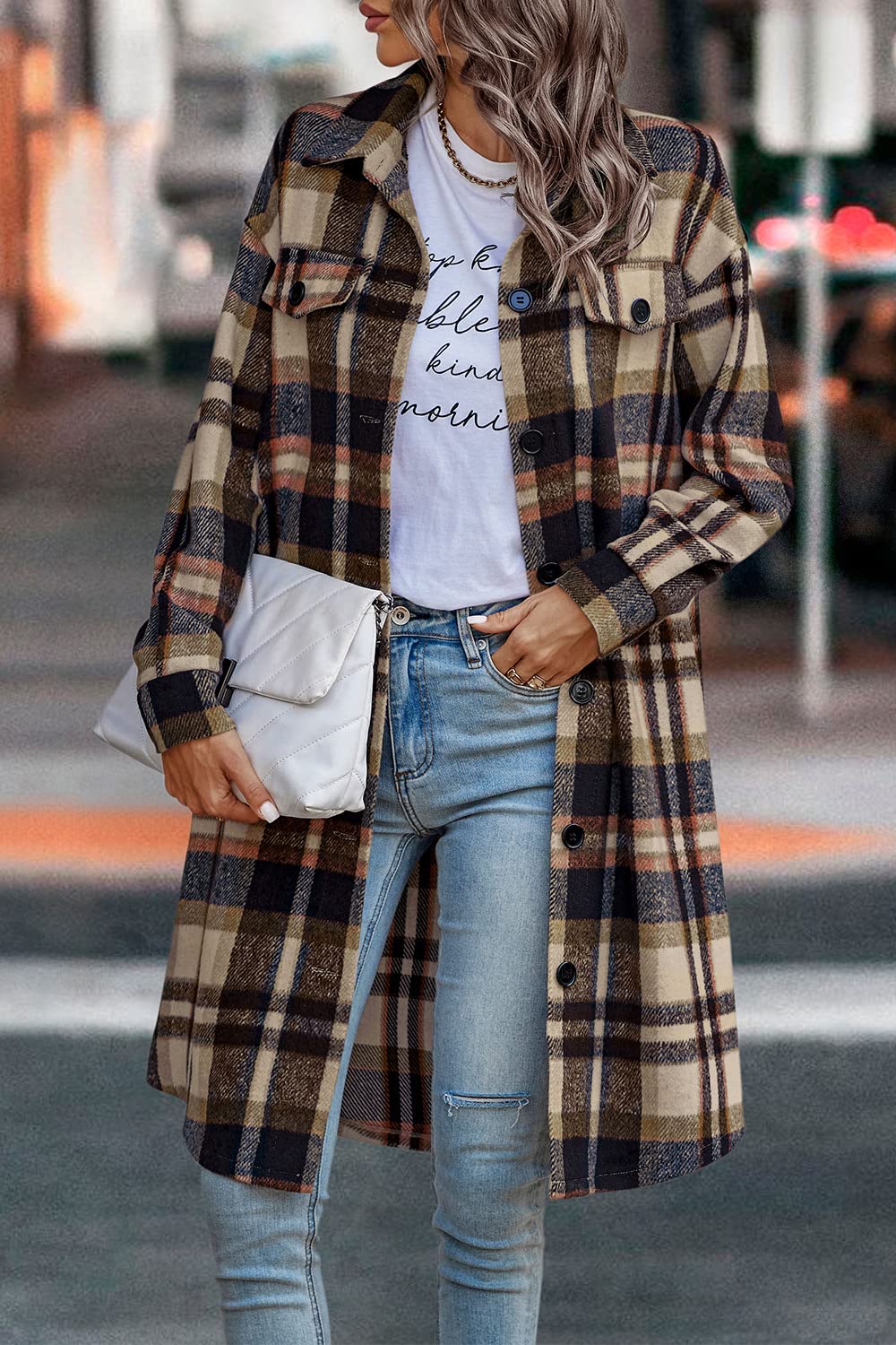 Womens Plaid Shacket Jacket Flannel Shirts,Navy,S
