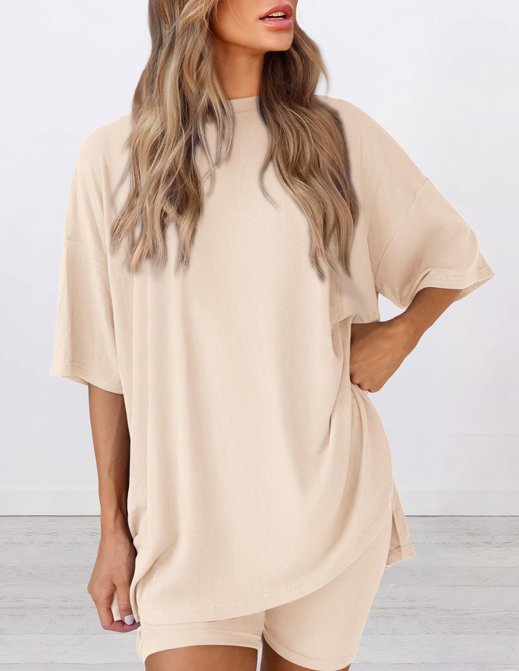 Women 2 Piece Lounge Set Airport Travel Outfit, Beige,S