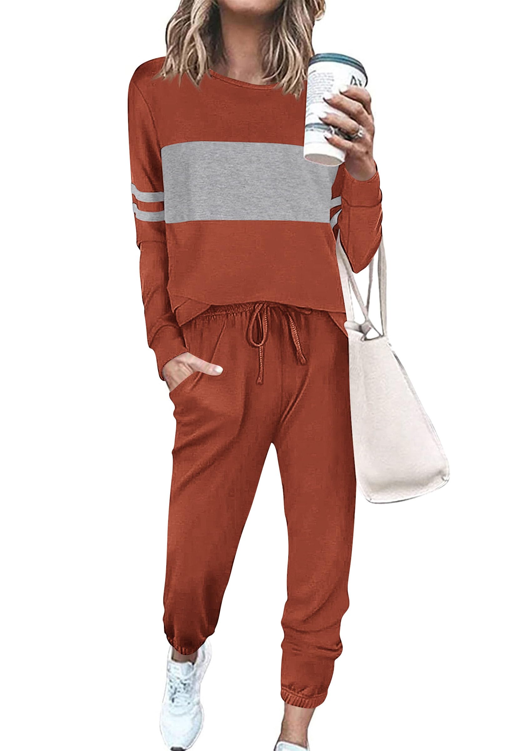Women Color Block 2 Piece Sets Tracksuit,Caramel,S