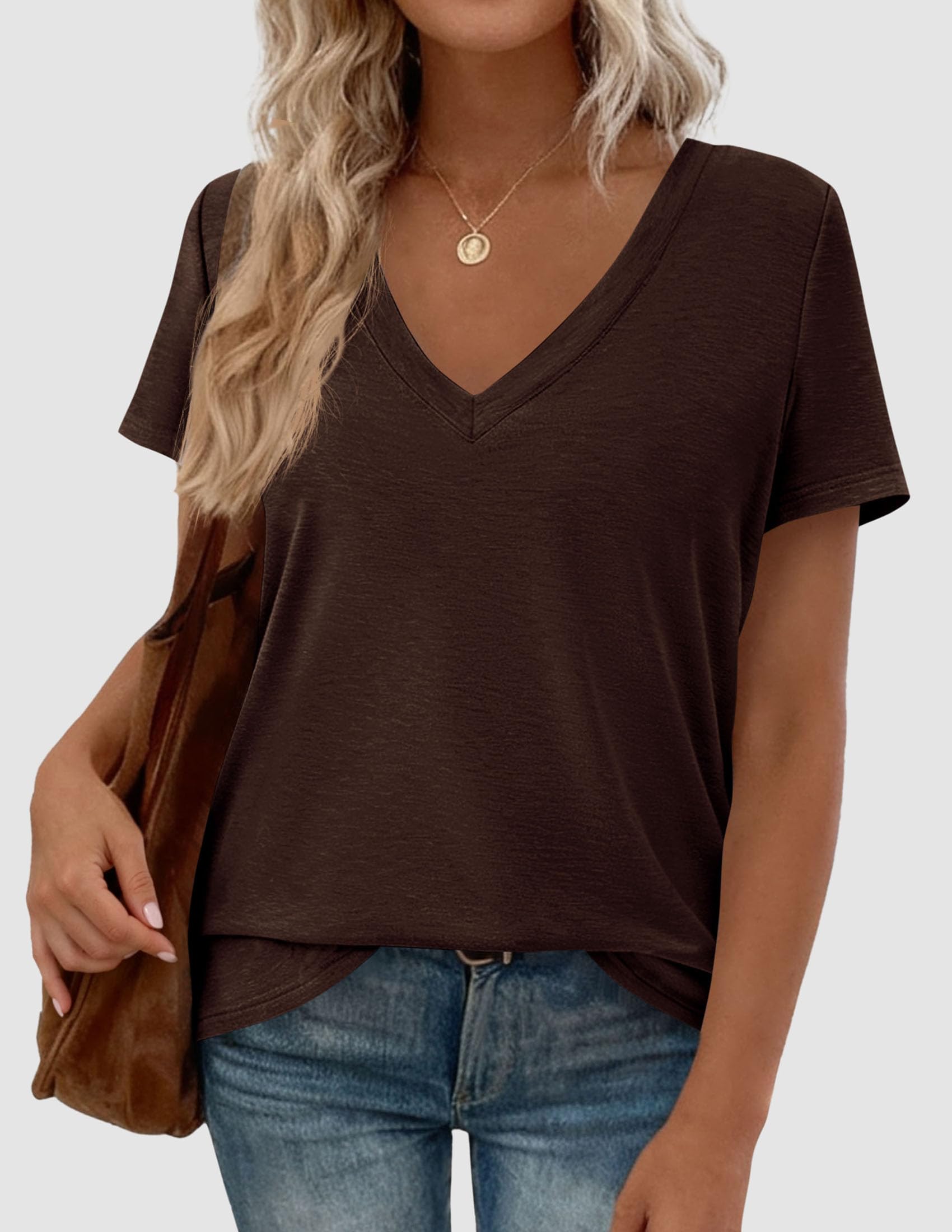 Womens Tops Short Sleeve Oversized Tshirts, Dark Brown,S