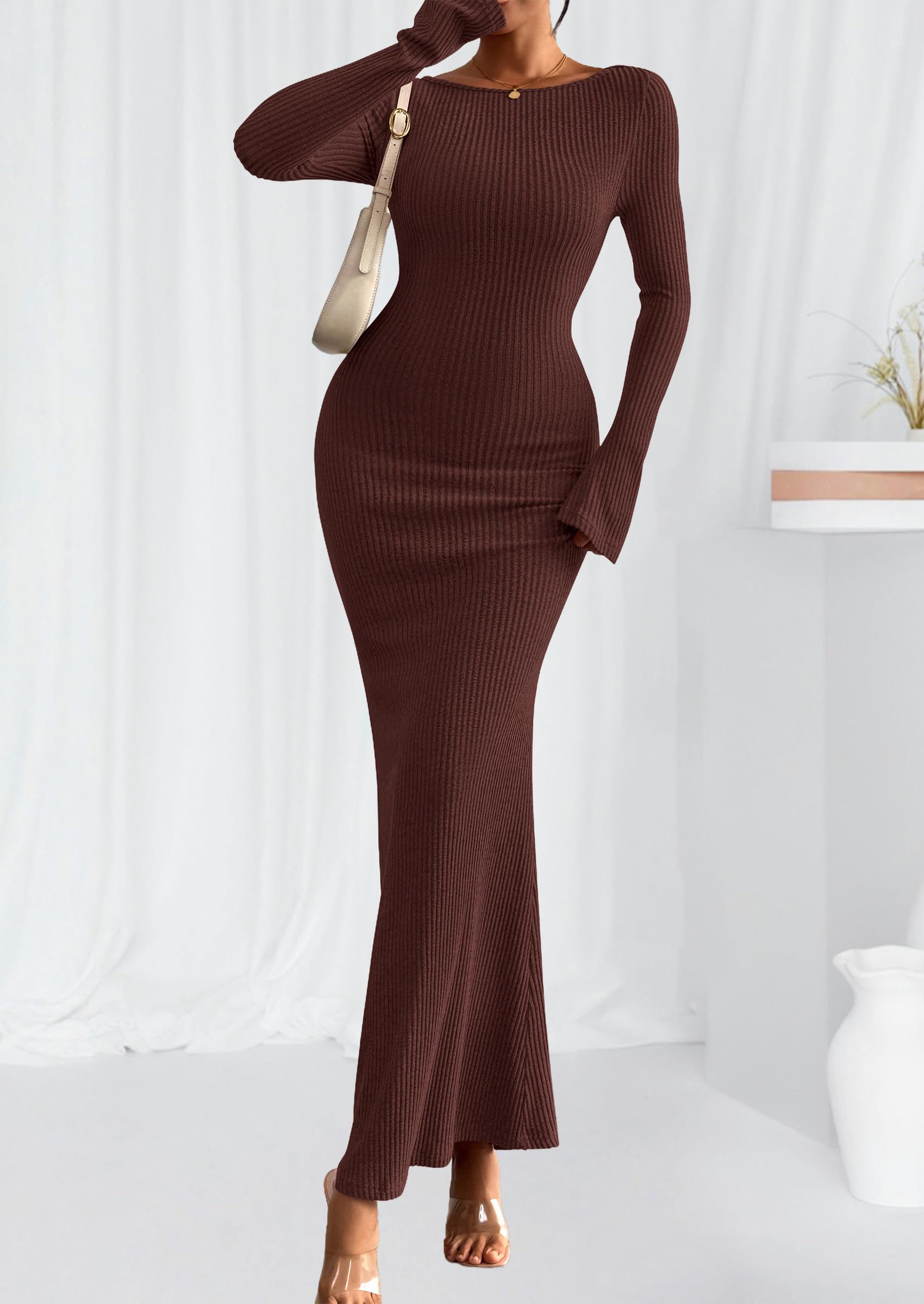 Women's Fall Long Sleeve Bodycon Maxi Dresses (Coffee,XS)