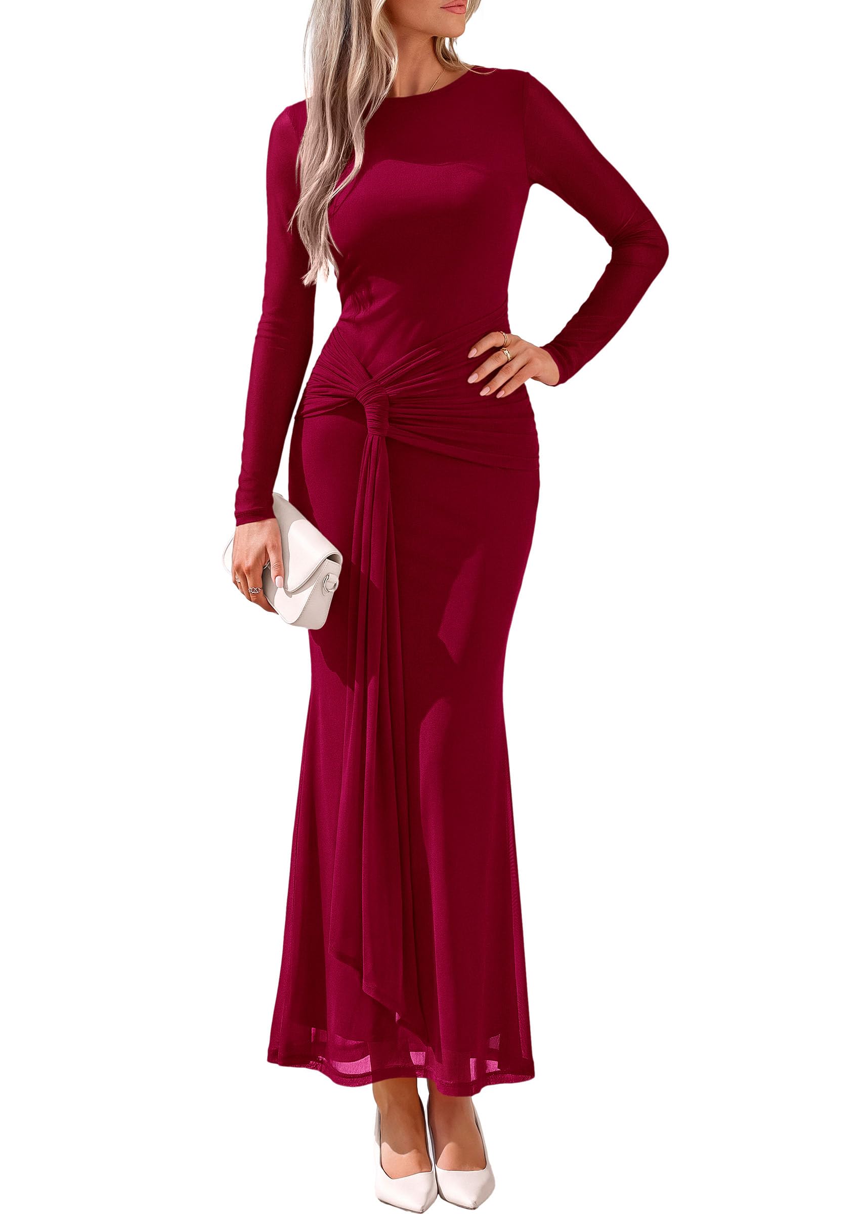 Womens Fall Long Sleeve Bodycon Tie Waist Mesh Maxi Dresses