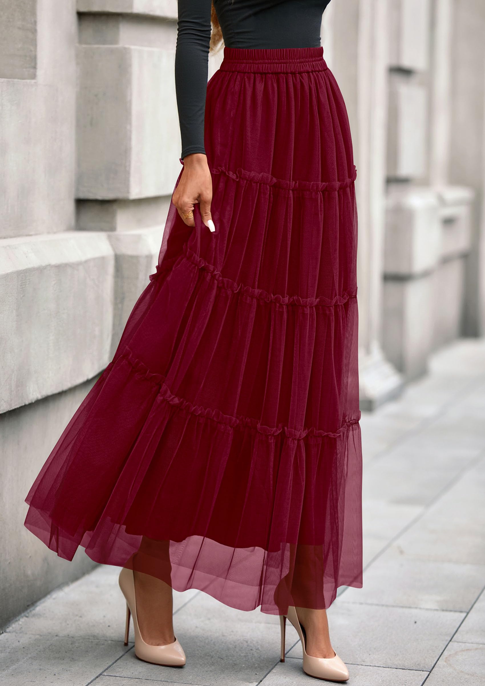 Women's Fall Soft Tulle Tiered Long Skirt,Burgundy,S