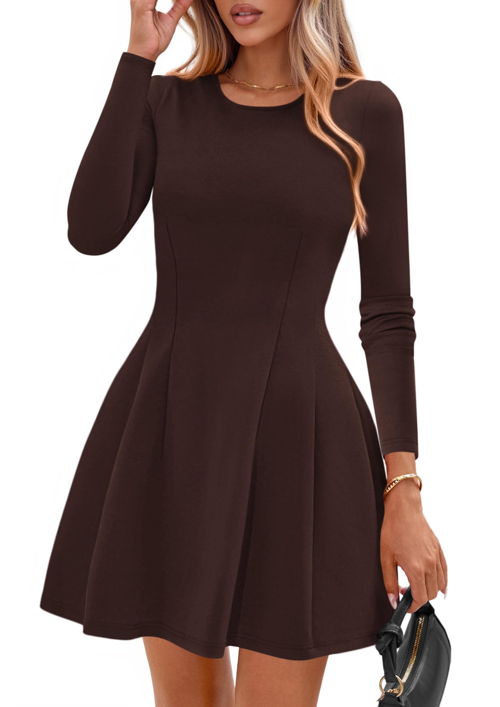Womens Long Sleeve Pleated Mini Dress,Brown,XS