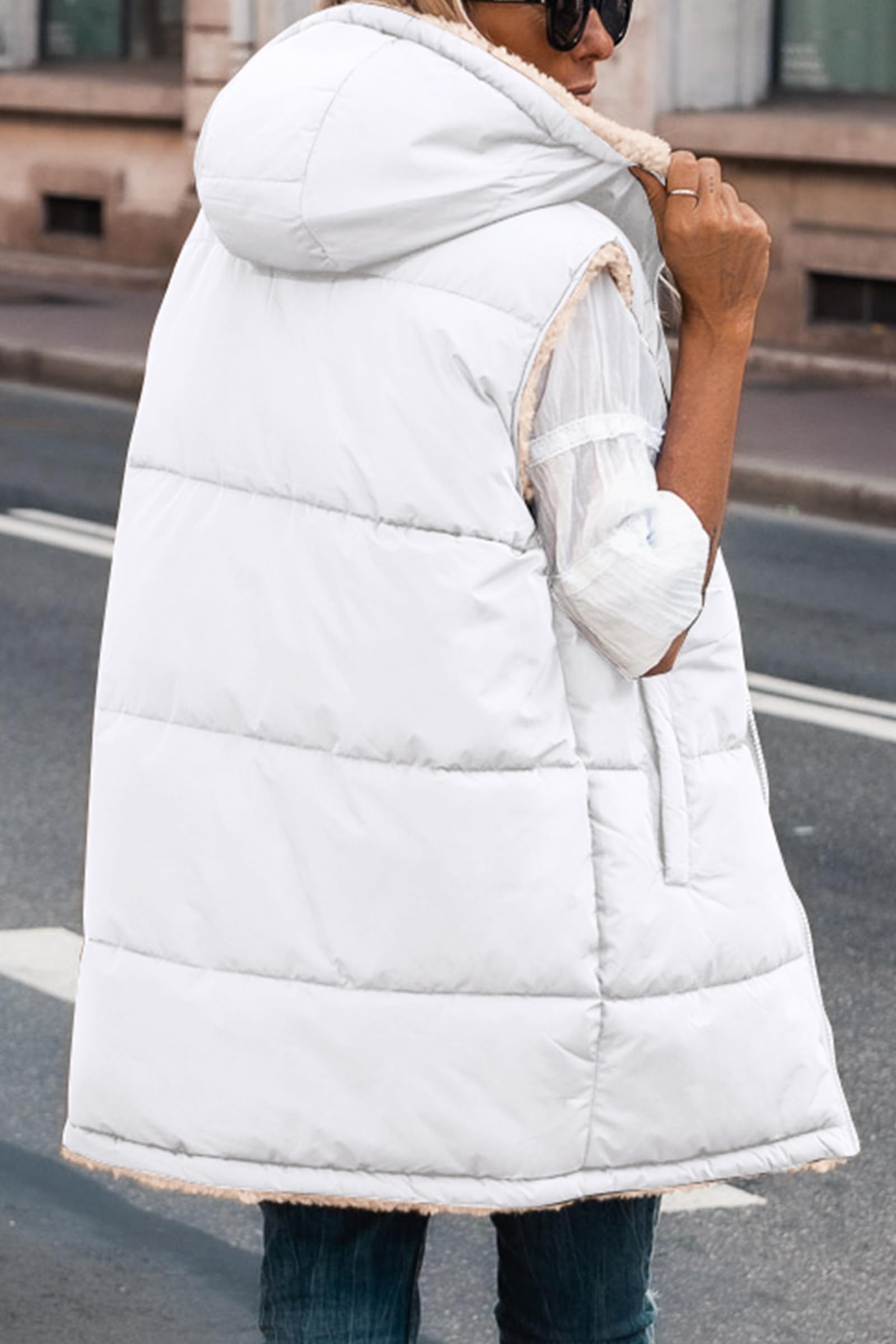 Women's Winter Reversible Fleece Long Vests(White,S)