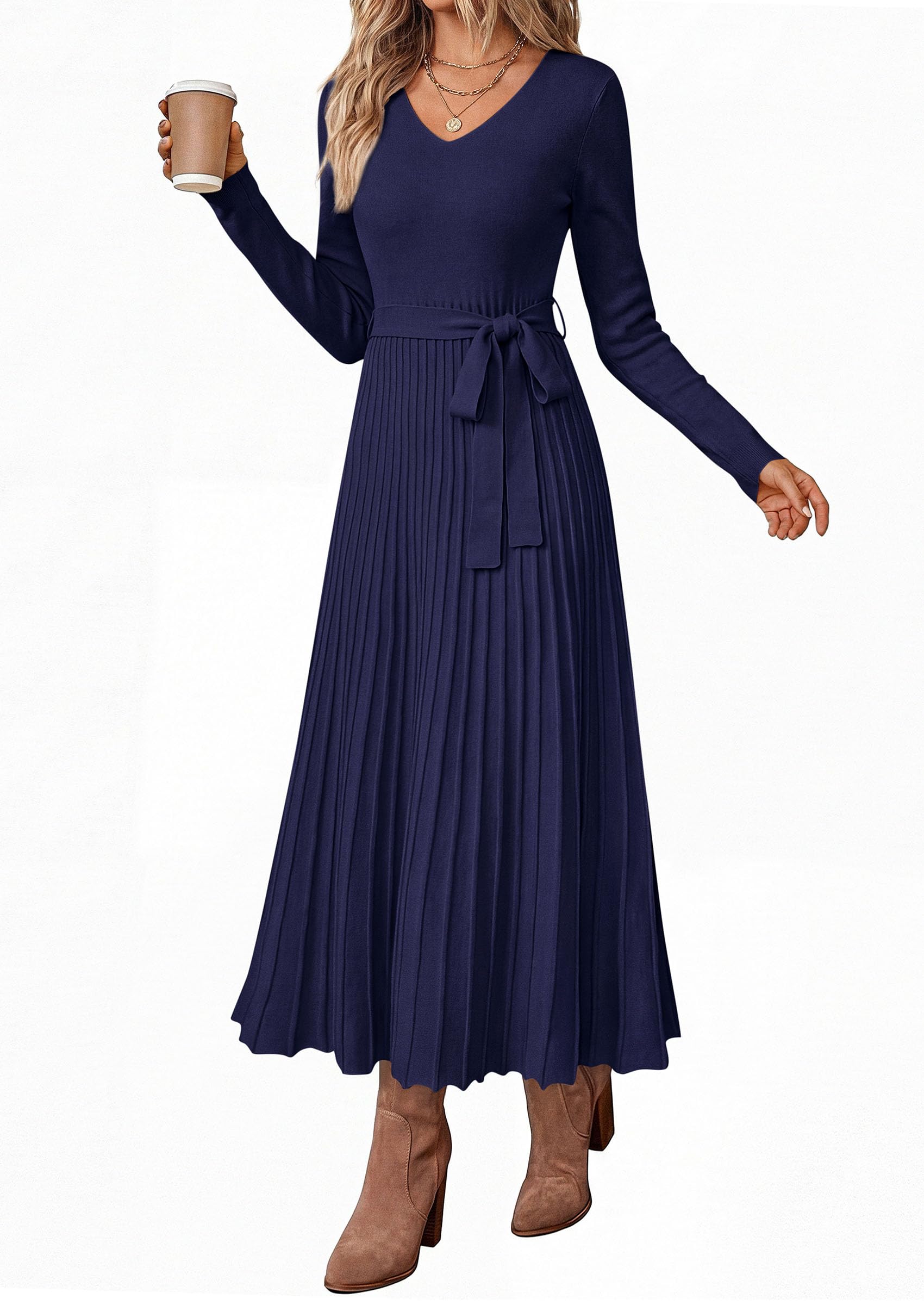 Womens Fall Maxi Long Sleeve Sweater Dress,Navy Blue,S