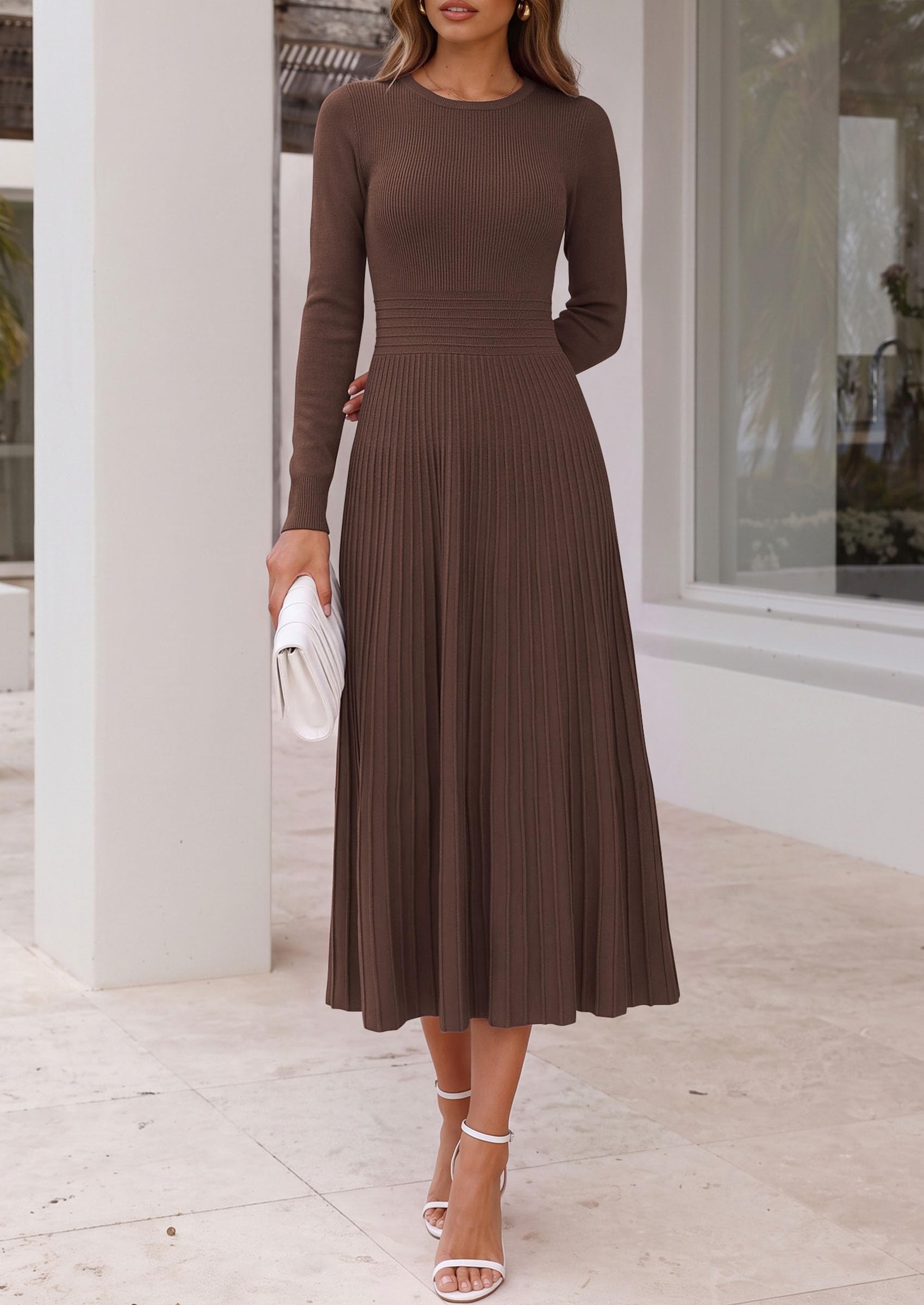 Women's Long Sleeve Knit Maxi Sweater Dress,Brown,S