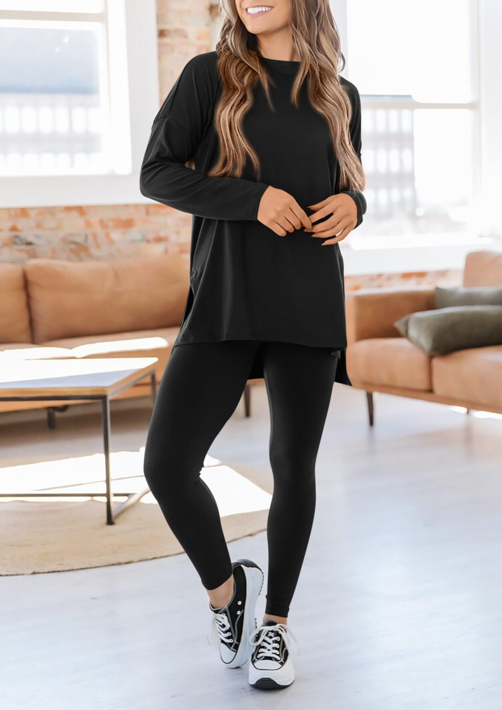 Women's 2 Piece Outfits Matching Lounge Sets,Black,S
