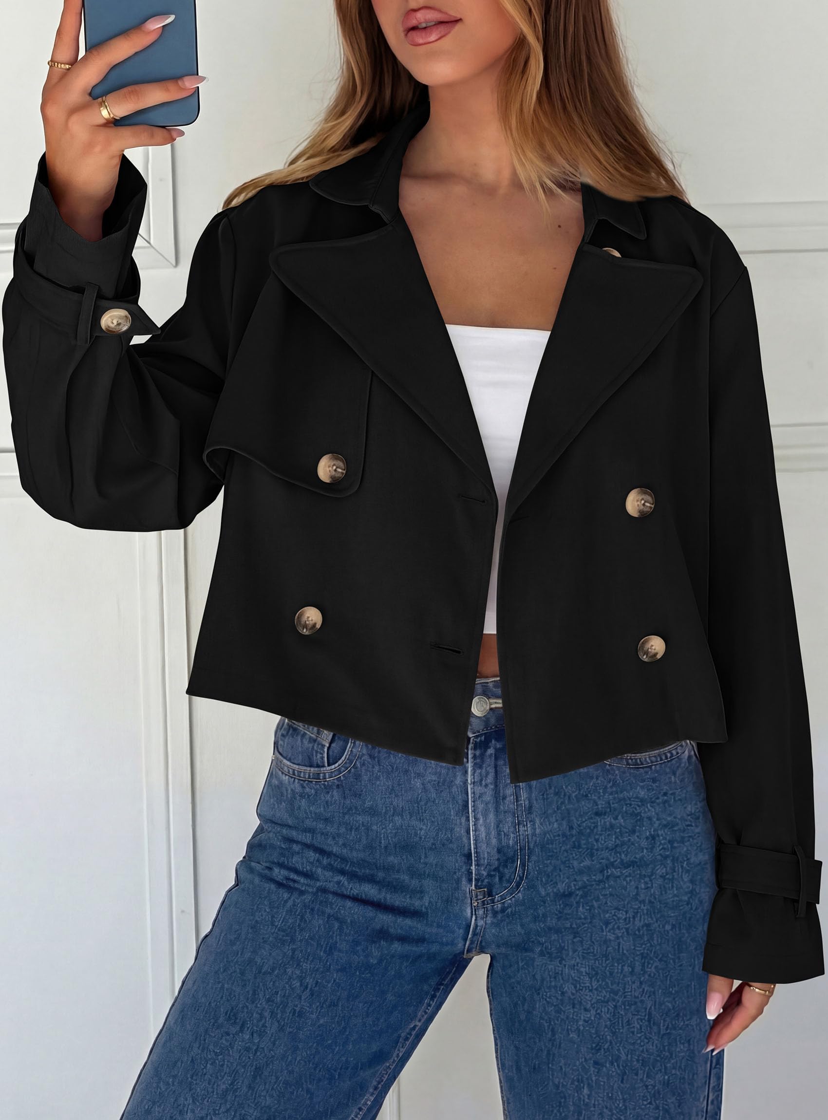 Cropped Trench Coat For Women Short Jacket,Black,S
