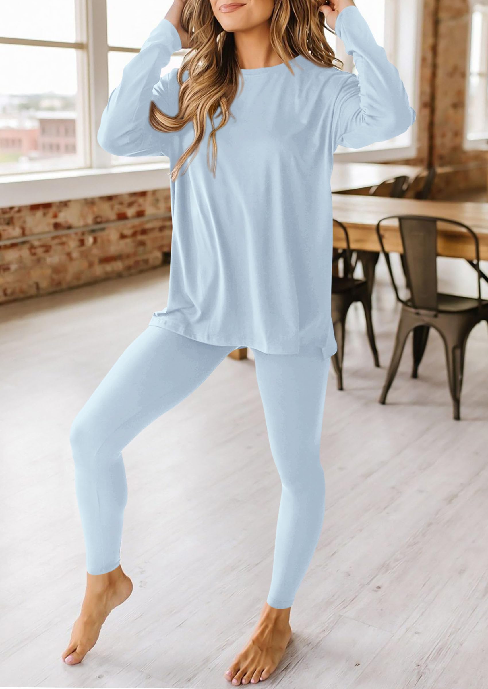 Women's 2 Piece Outfits Matching Lounge Sets,Light Blue,S