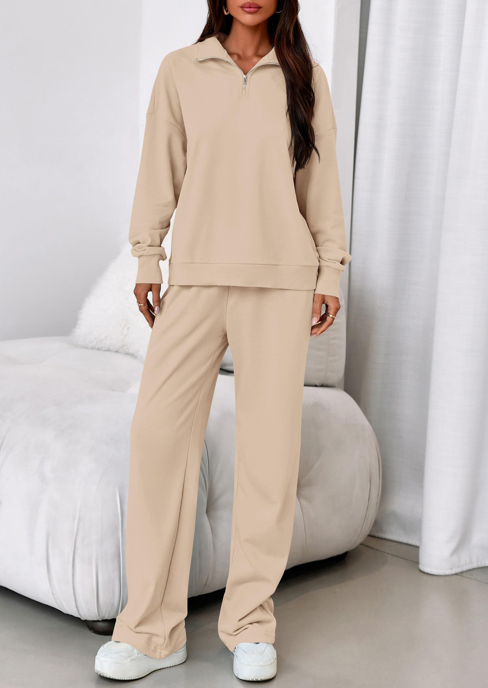 Womens 2 Piece Outfits Matching Lounge Sets,Beige,S