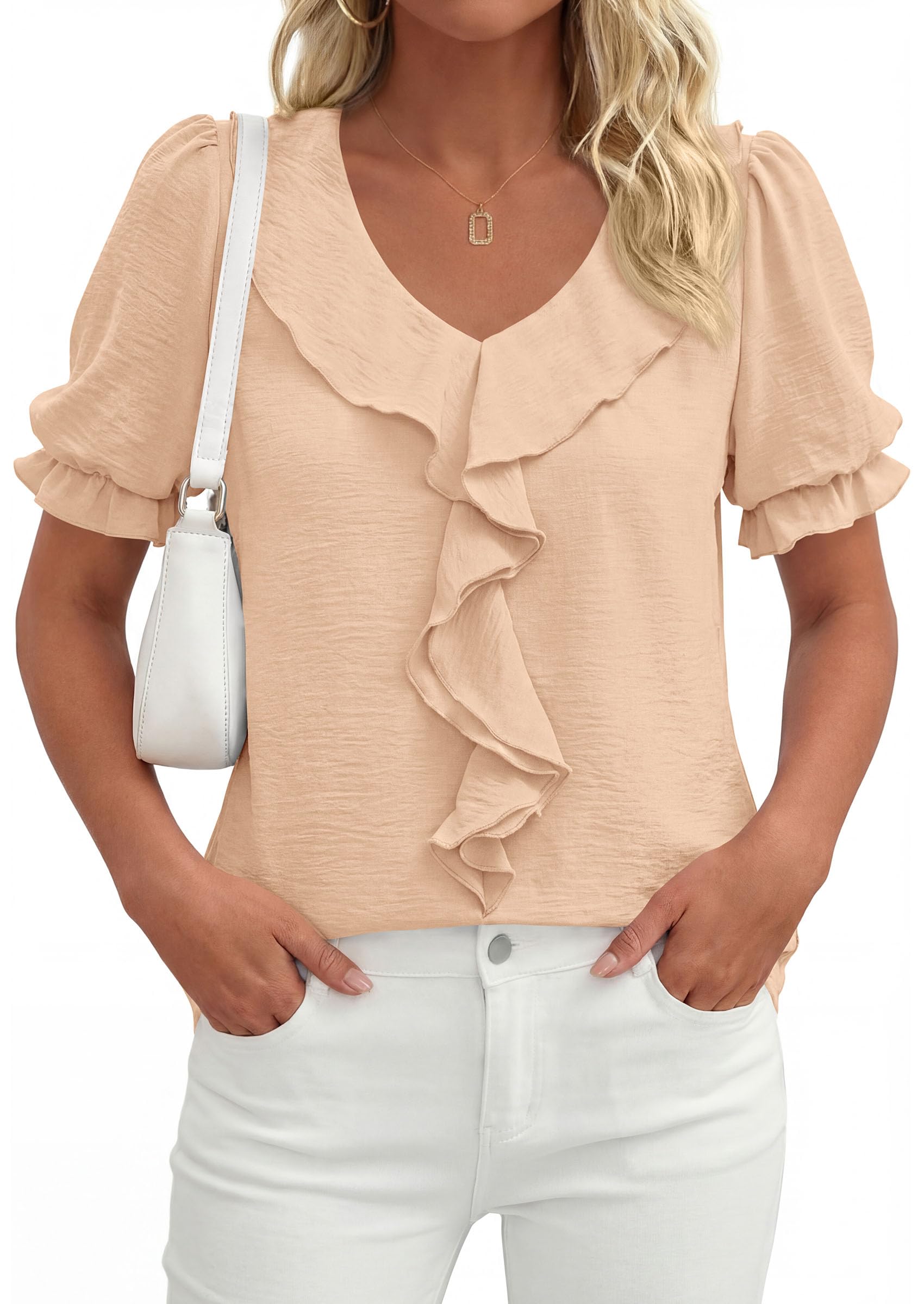Women's Summer Ruffle Dressy Casual Blouses (Light Khaki,S)